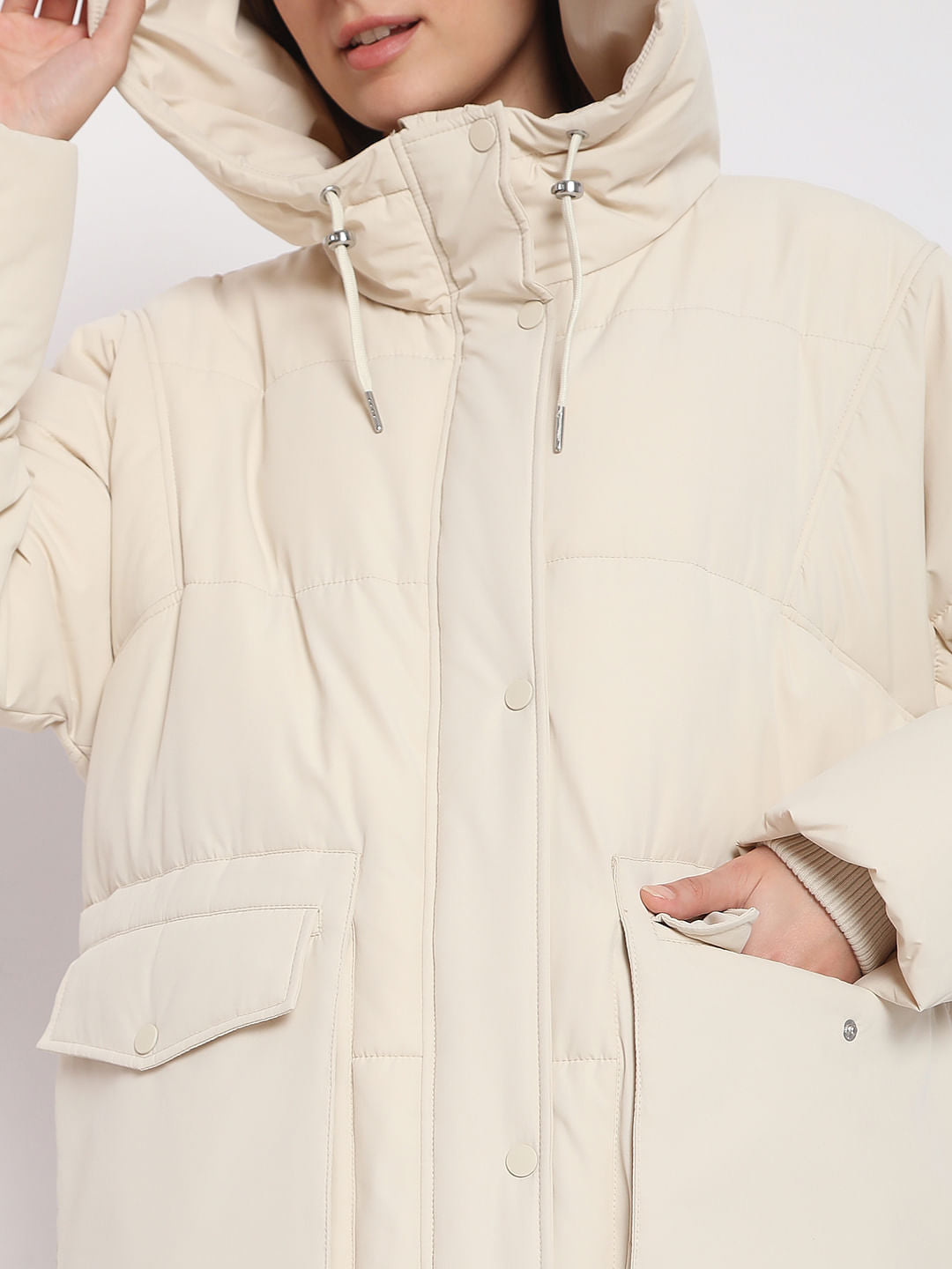 Beige Hooded Long Puffer Jacket