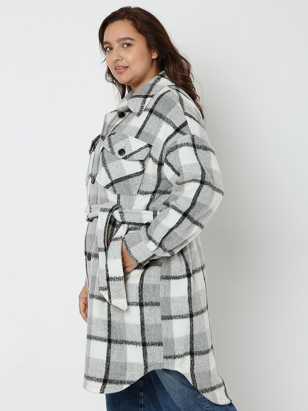 Curve Grey Check Long Overcoat