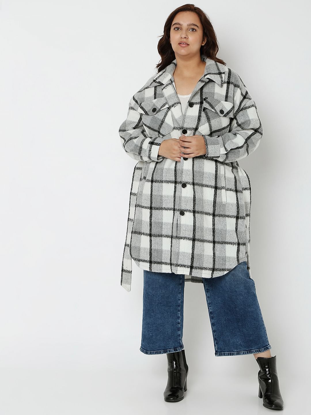 Curve Grey Check Long Overcoat