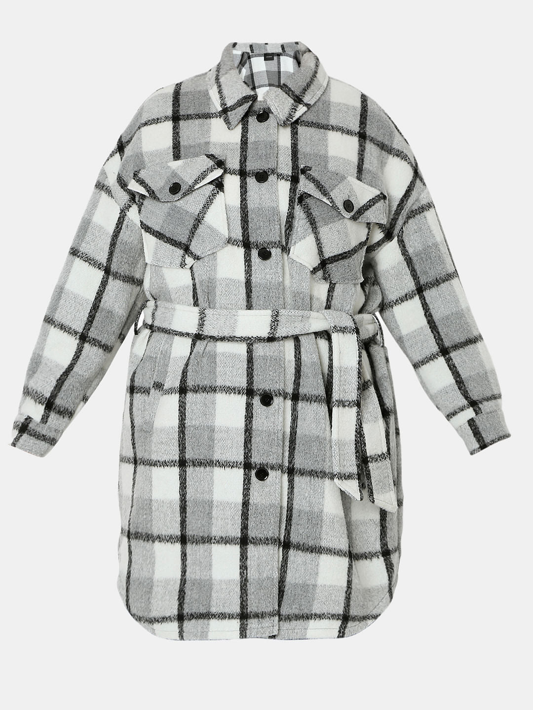 Curve Grey Check Long Overcoat