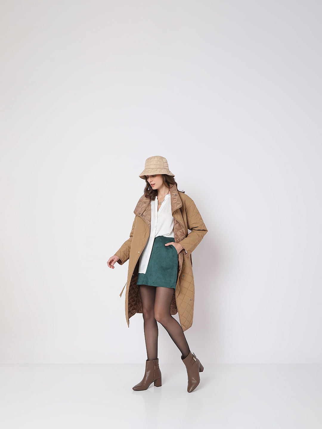 Brown High Neck Puffer Long Jacket