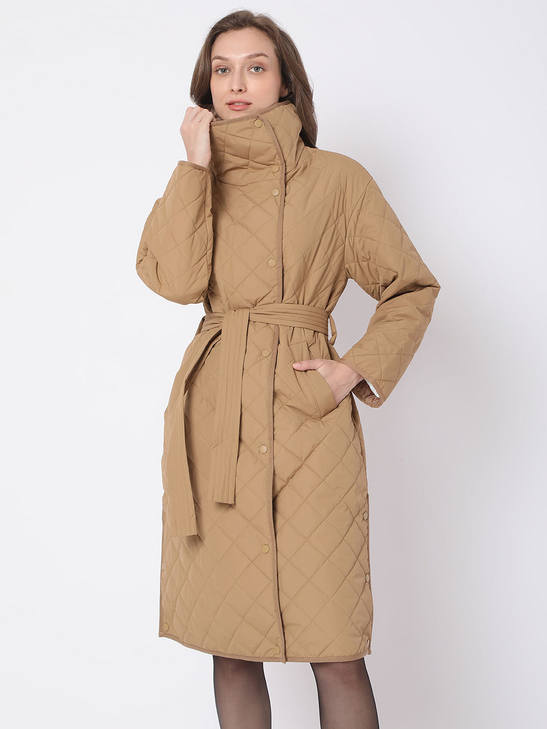 Brown High Neck Puffer Long Jacket
