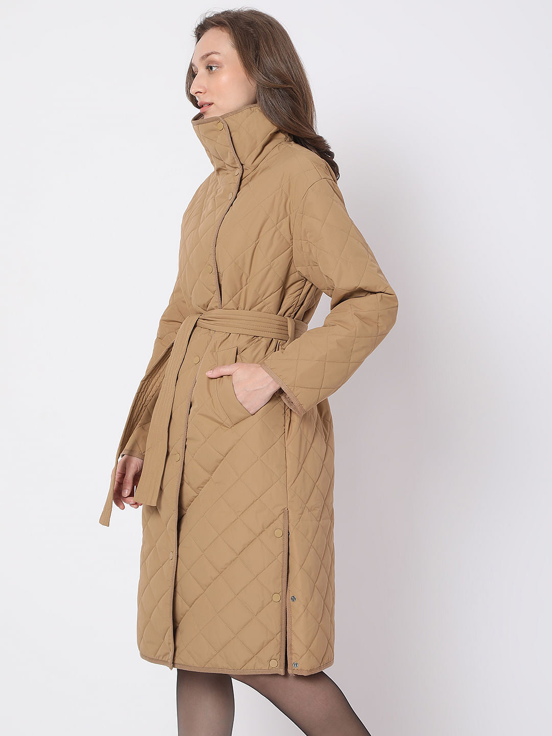 Brown High Neck Puffer Long Jacket