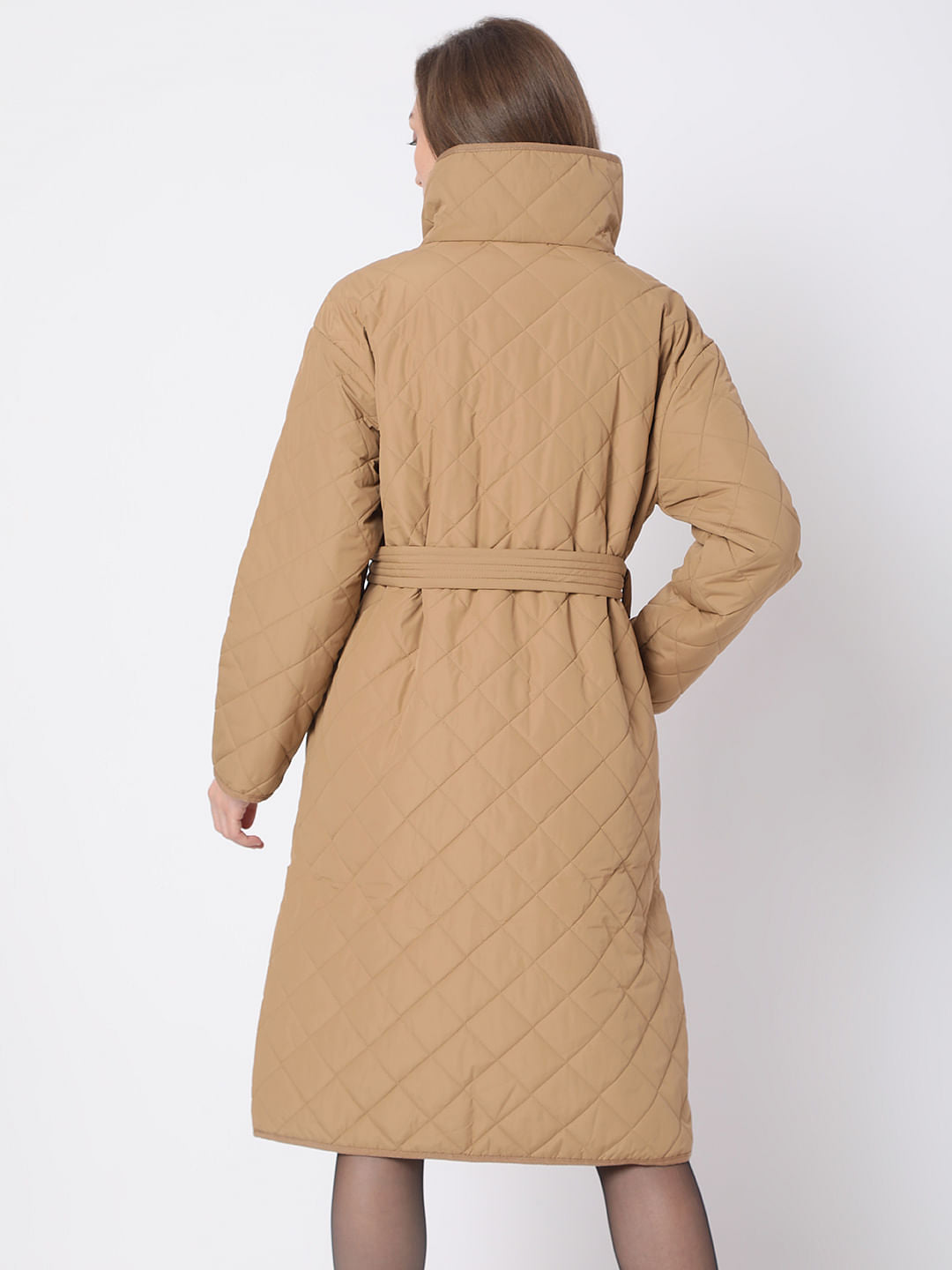 Brown High Neck Puffer Long Jacket