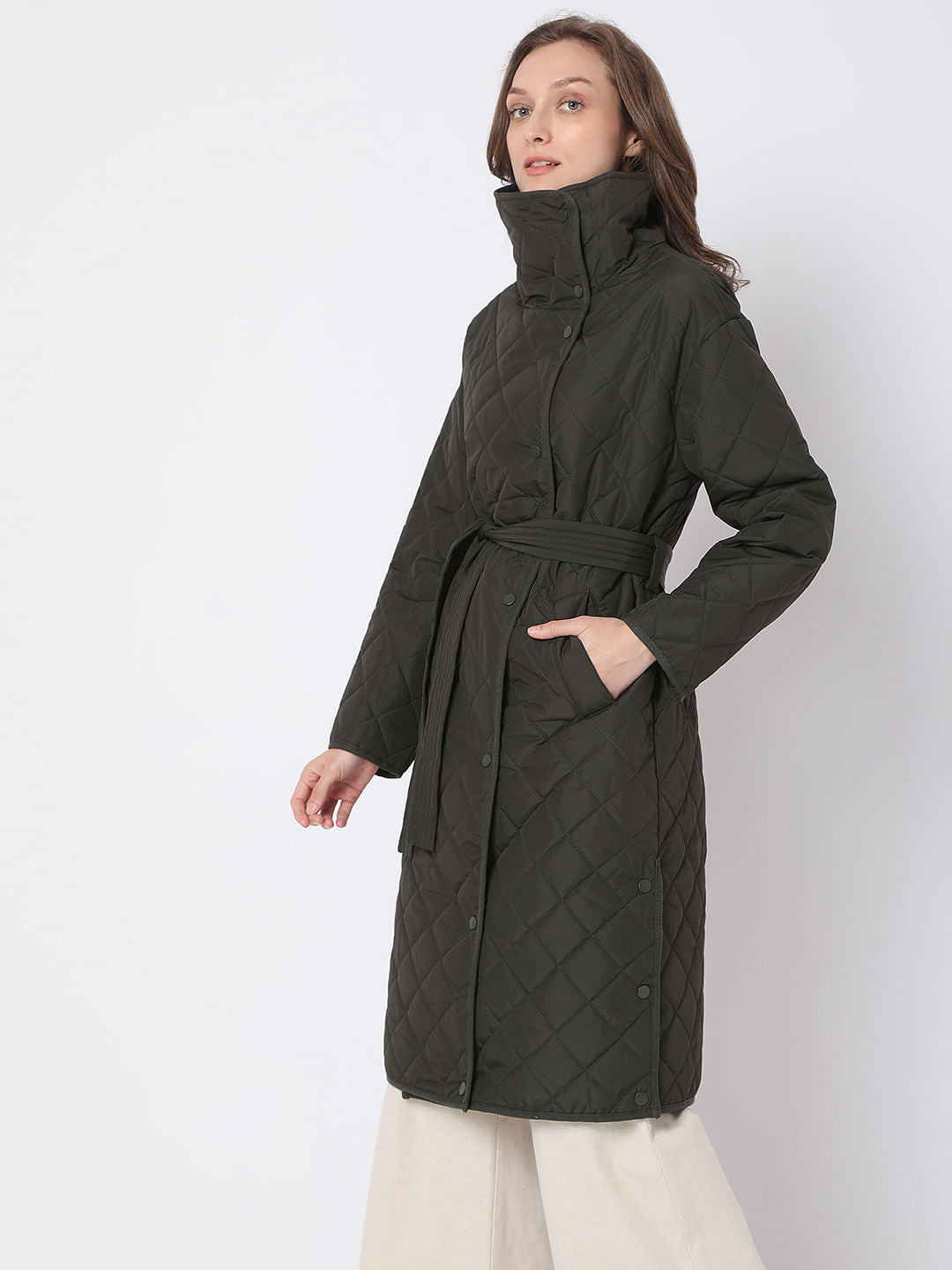 Dark Green High Neck Puffer Long Jacket