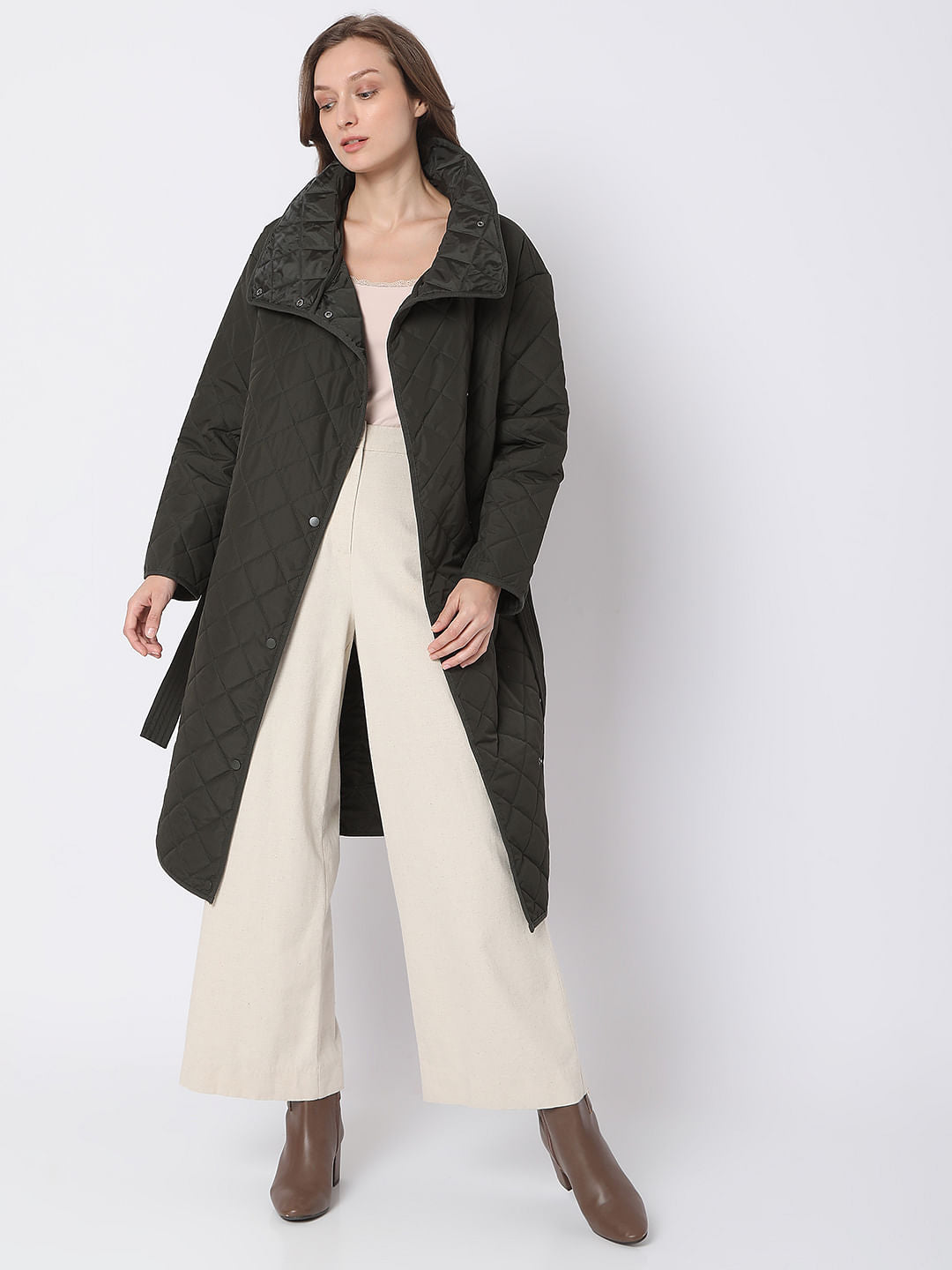 Dark Green High Neck Puffer Long Jacket