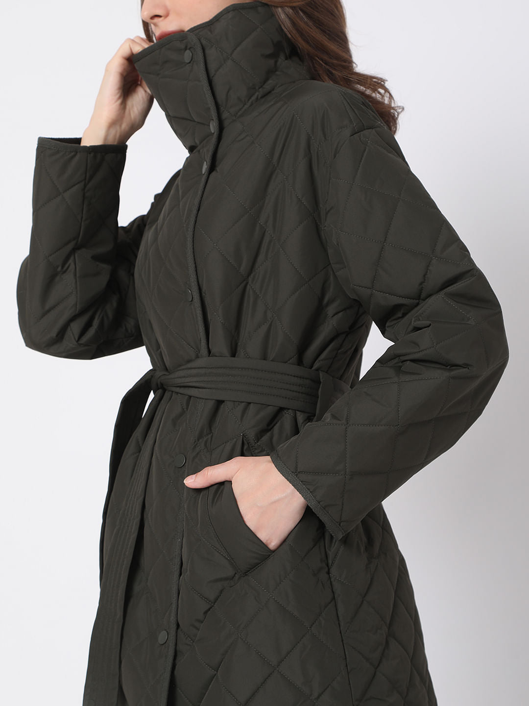Dark Green High Neck Puffer Long Jacket