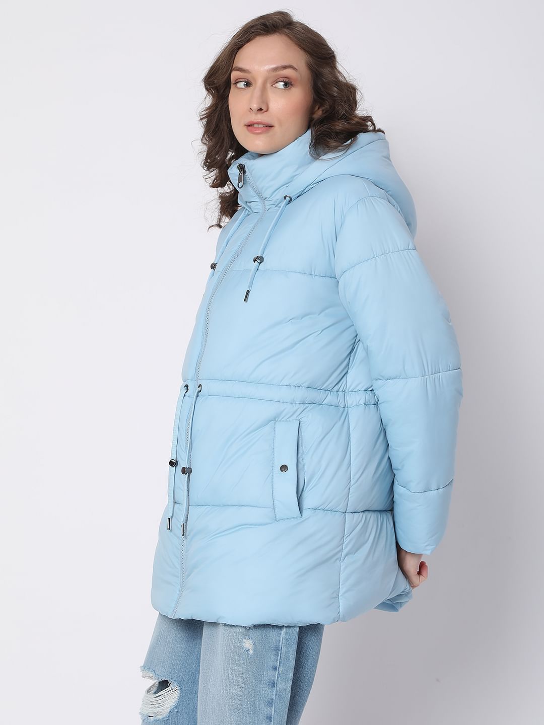 Blue High Neck Puffer Jacket