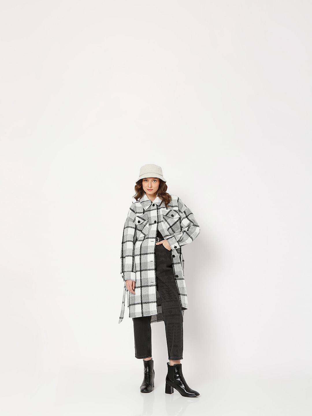 Grey Check Print Coat