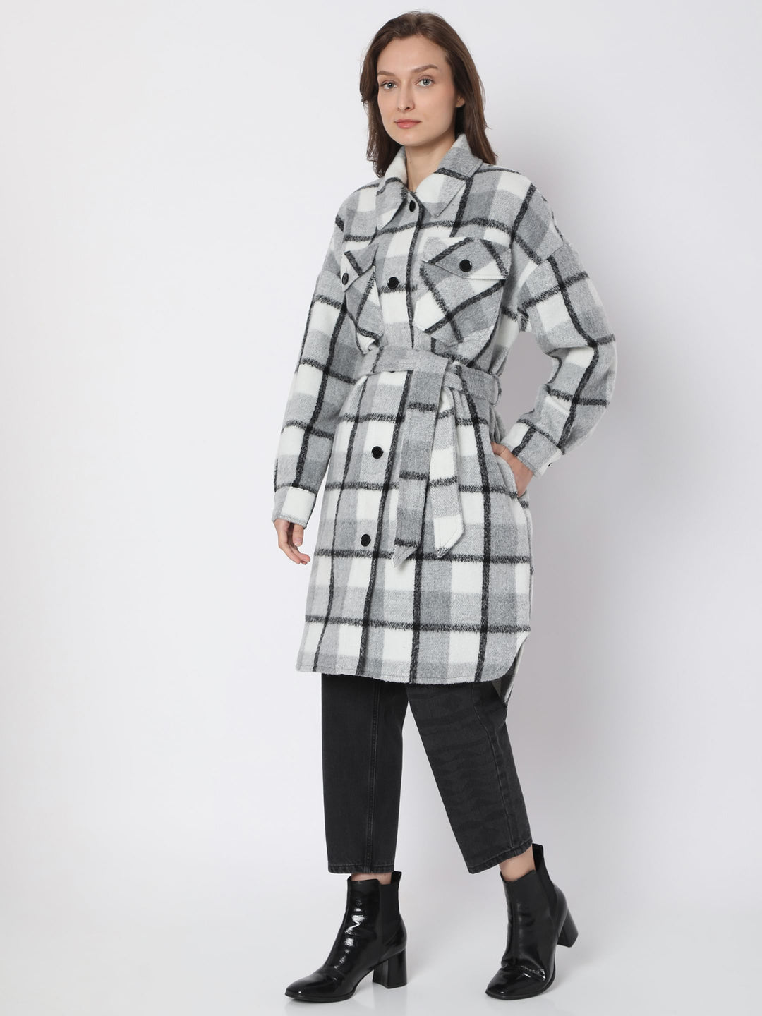 Grey Check Print Coat