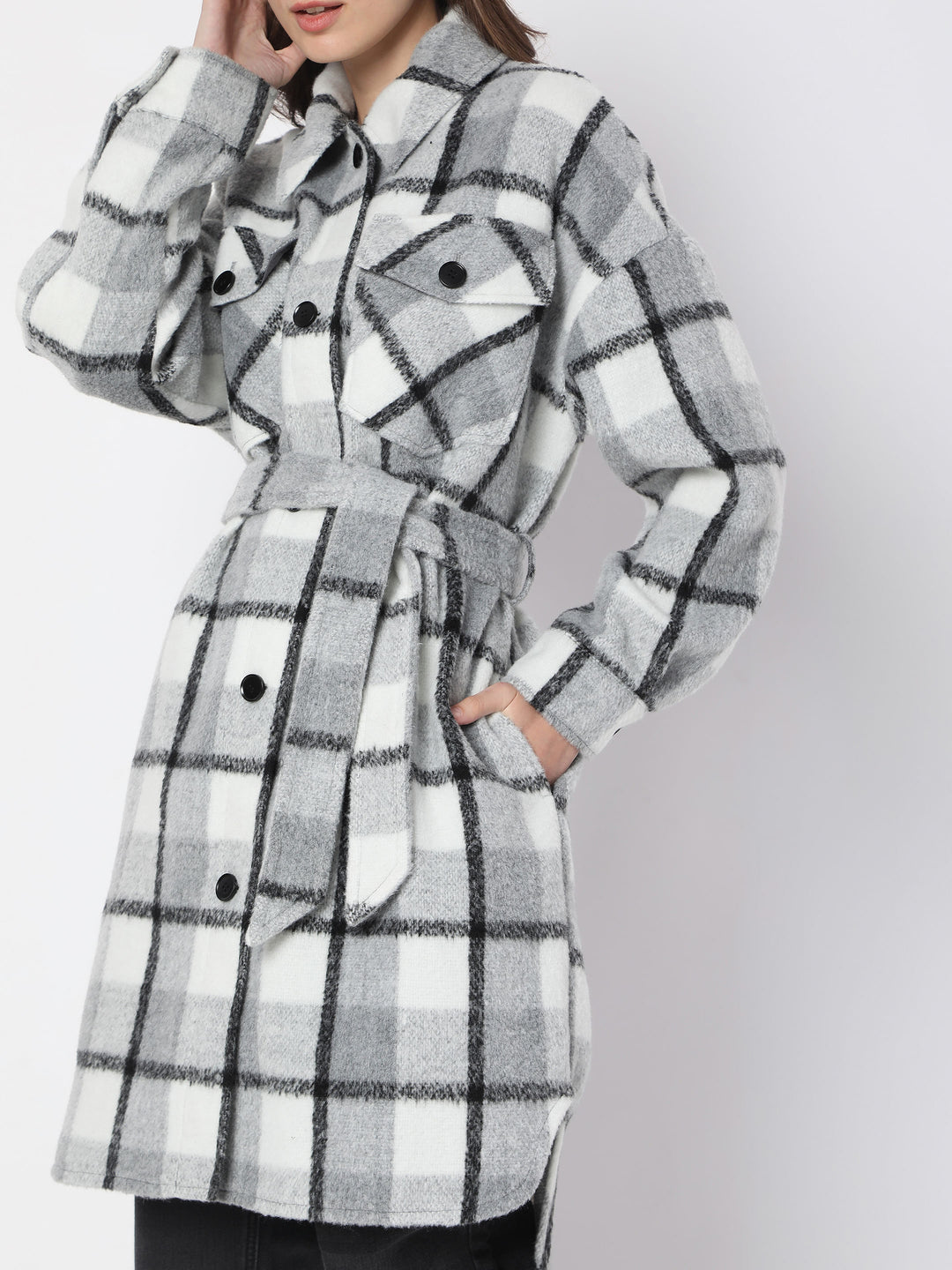 Grey Check Print Coat