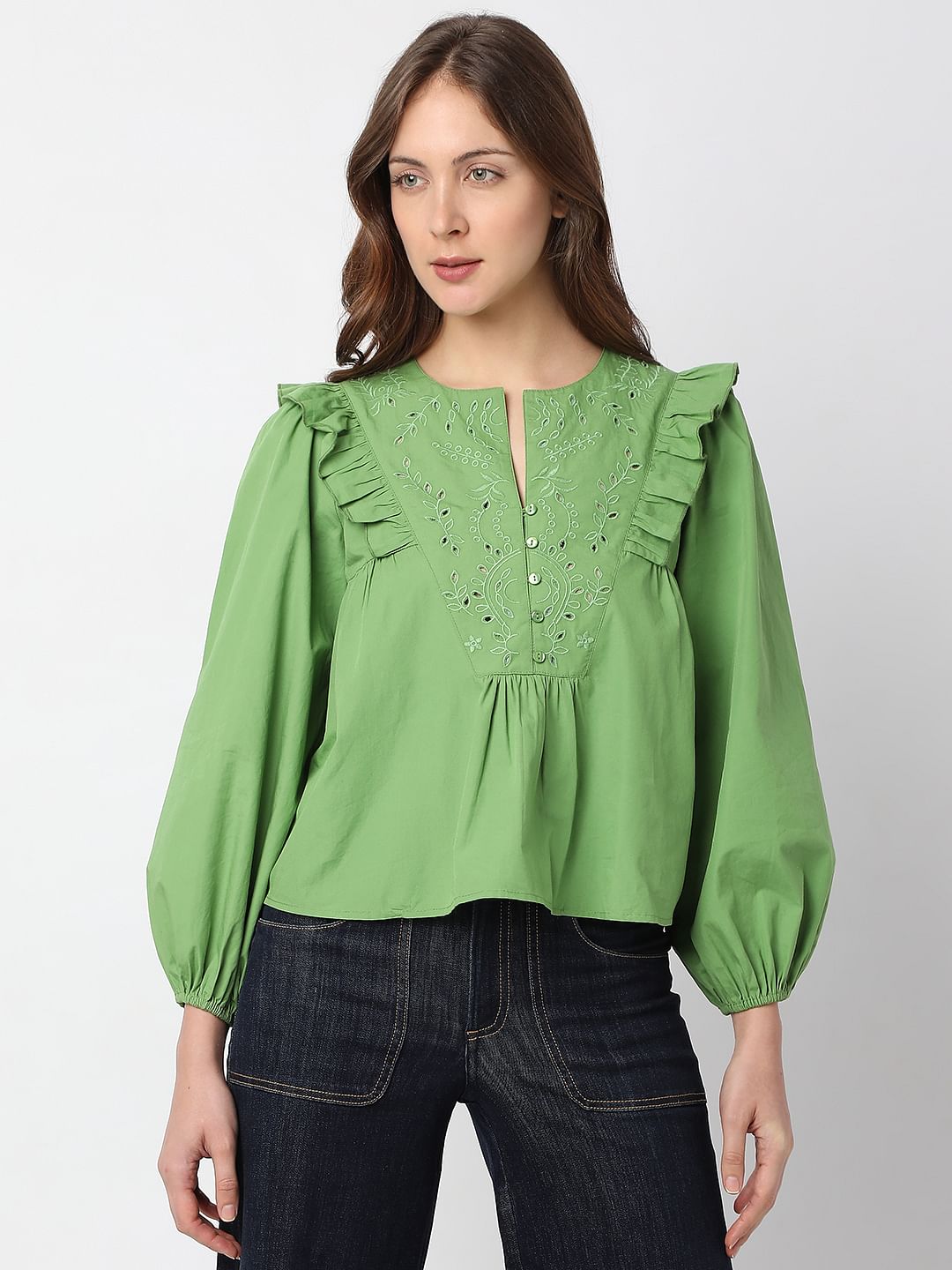 Green Embroidered Ruffle Detail Top