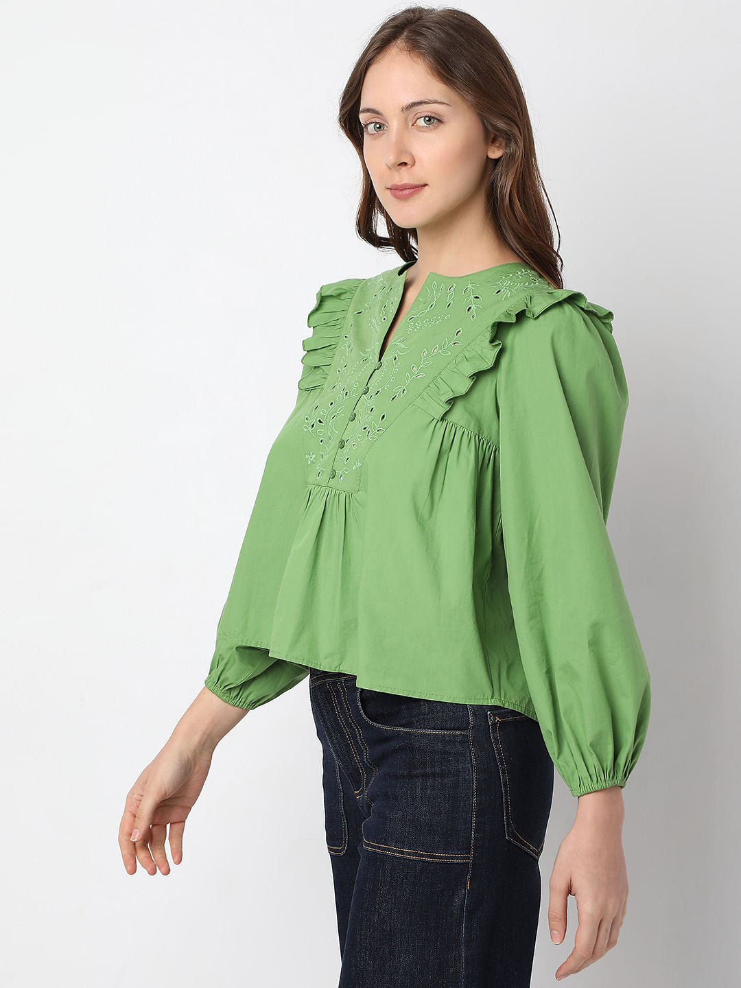 Green Embroidered Ruffle Detail Top