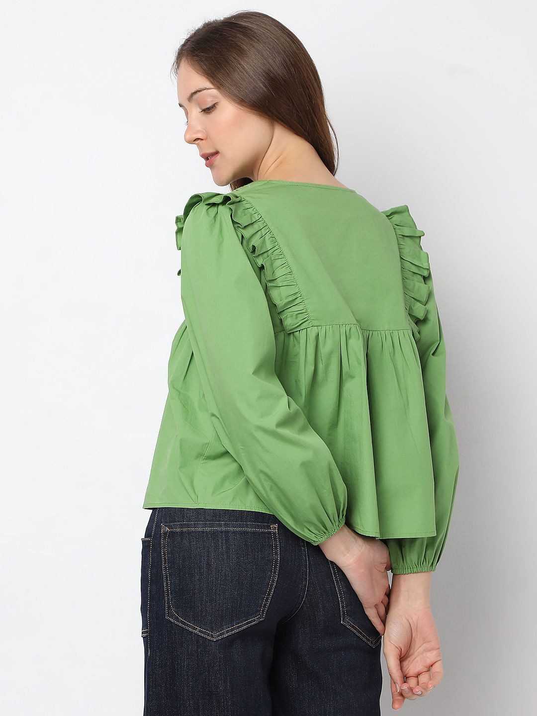 Green Embroidered Ruffle Detail Top