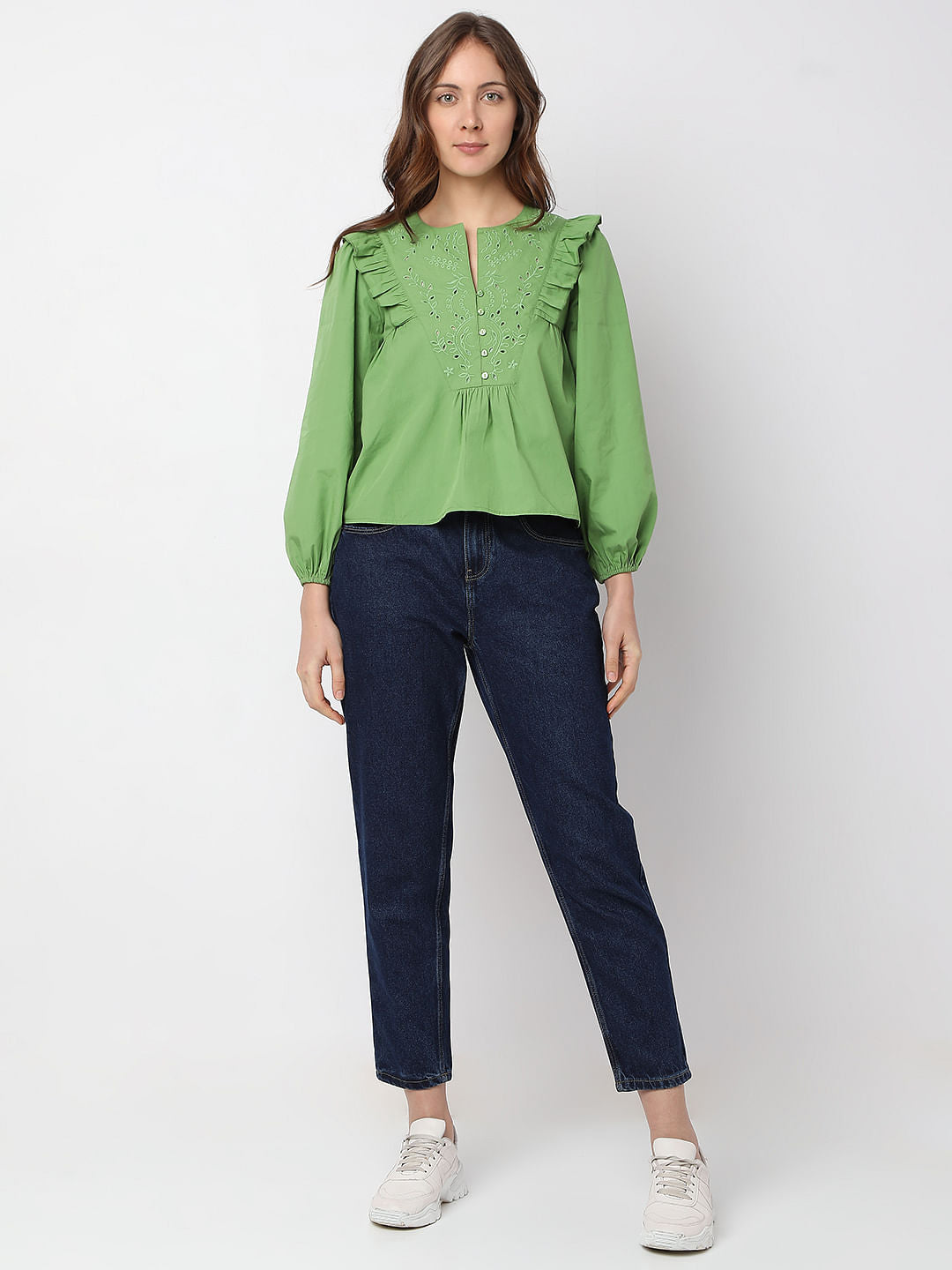 Green Embroidered Ruffle Detail Top