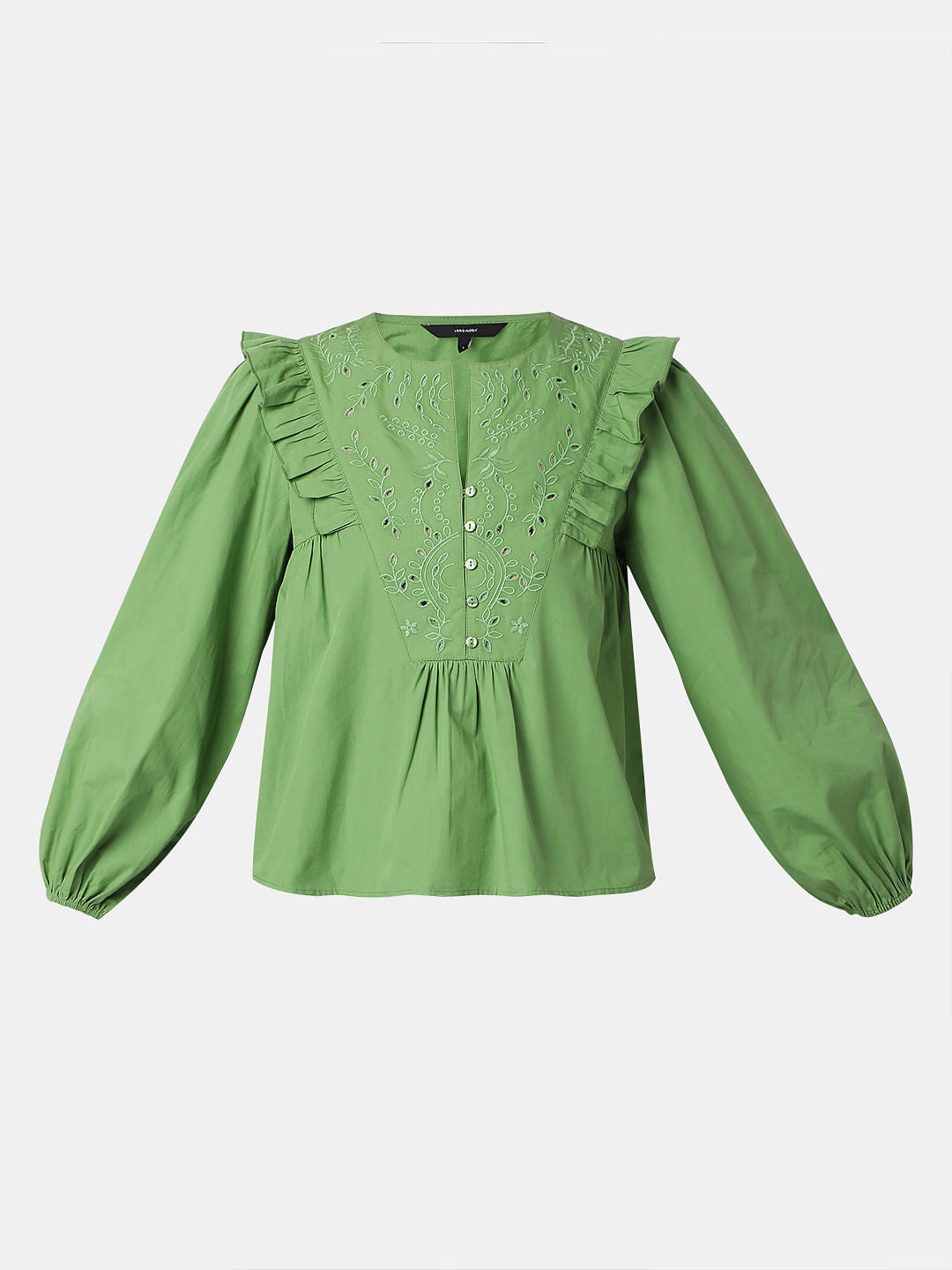 Green Embroidered Ruffle Detail Top