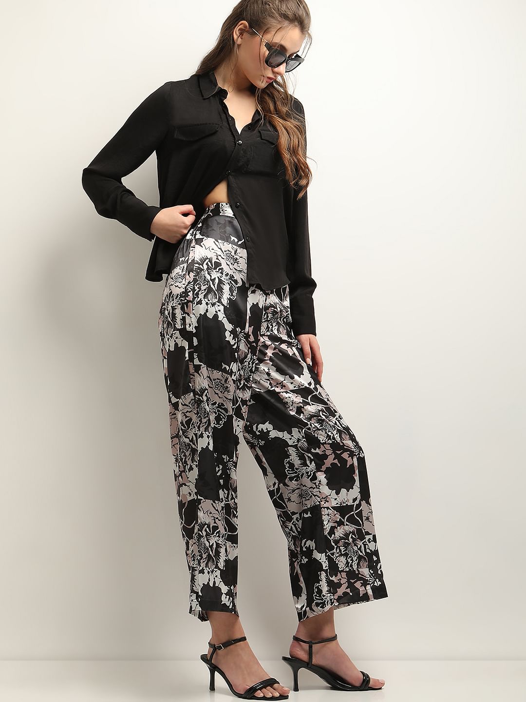Black Floral Wide Leg Pants