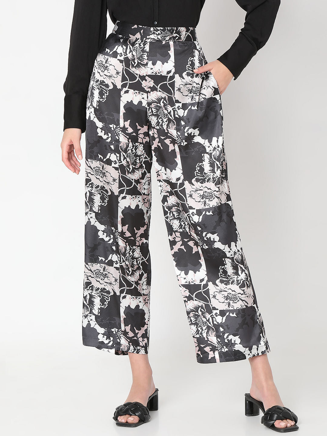 Black Floral Wide Leg Pants