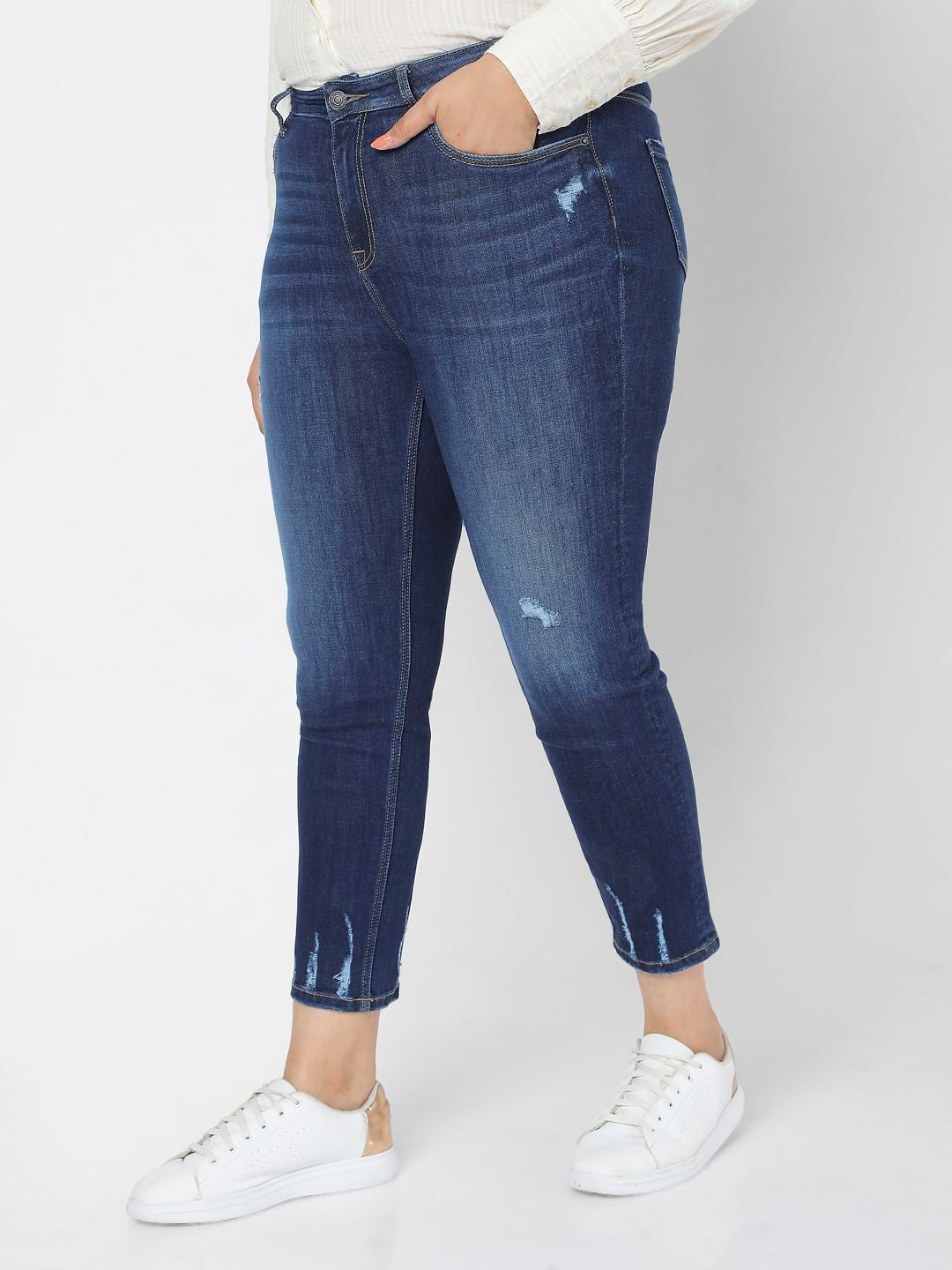 Blue Dark Blue High Rise Ripped Skinny Jeans