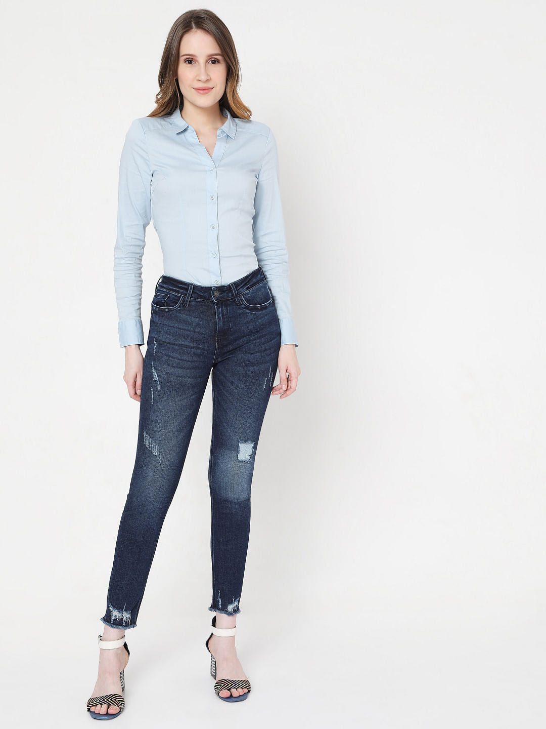 Blue Mid Rise Ripped Wendy Skinny Jeans