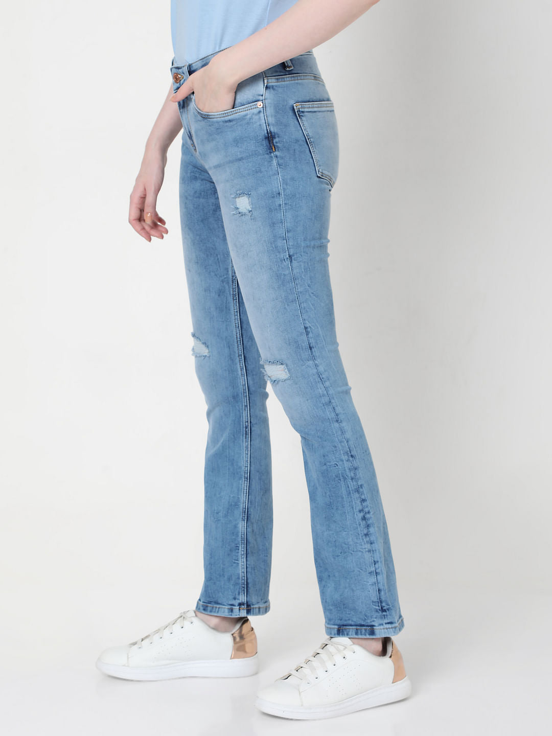 Blue Mid Rise Bootcut Ripped Jeans