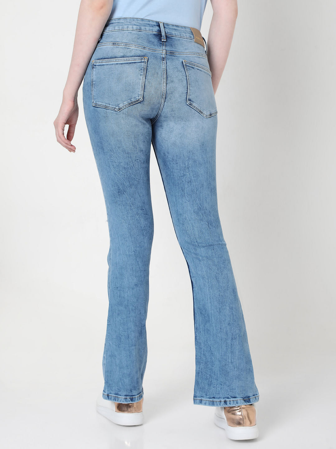 Blue Mid Rise Bootcut Ripped Jeans