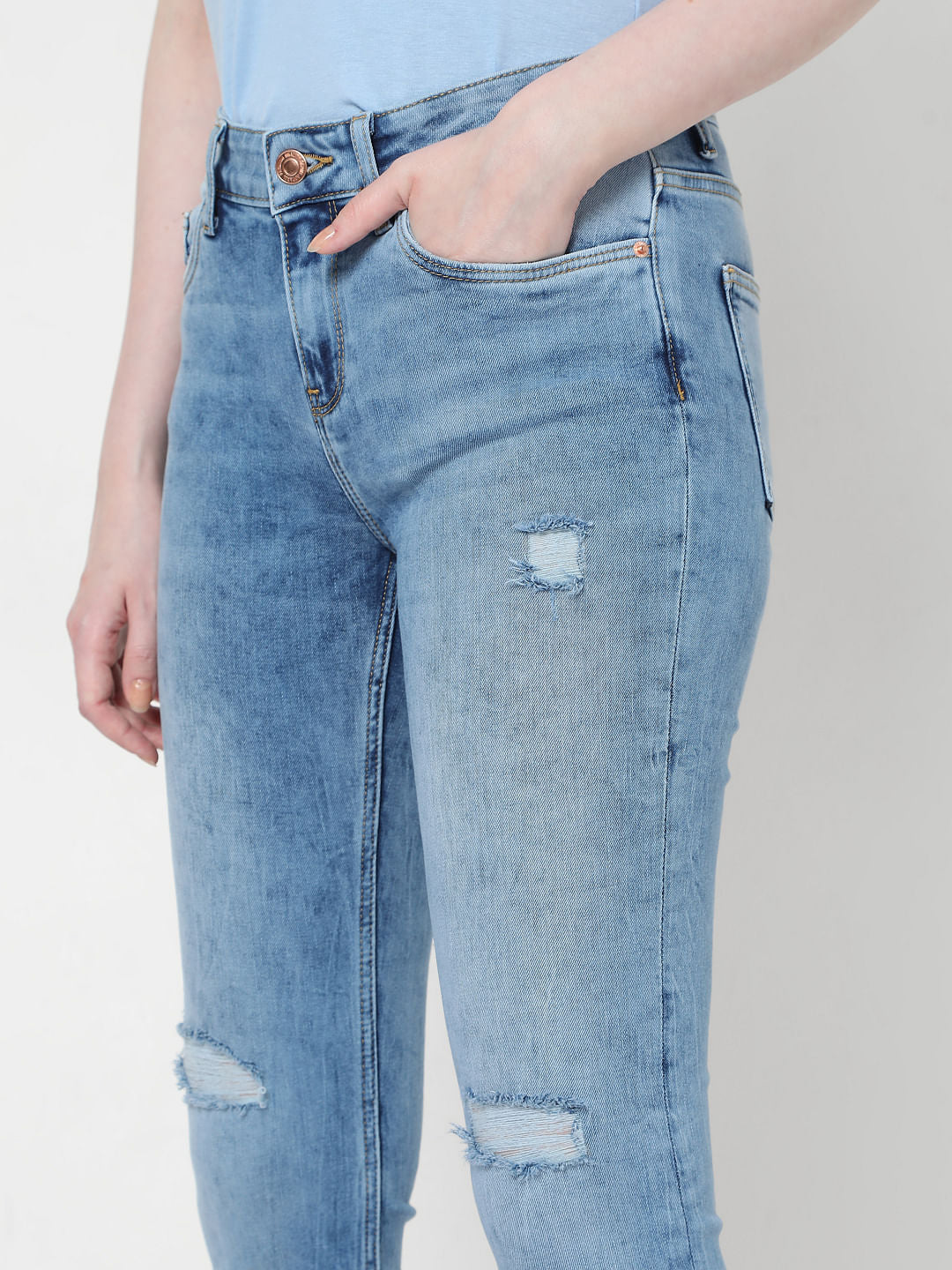 Blue Mid Rise Bootcut Ripped Jeans
