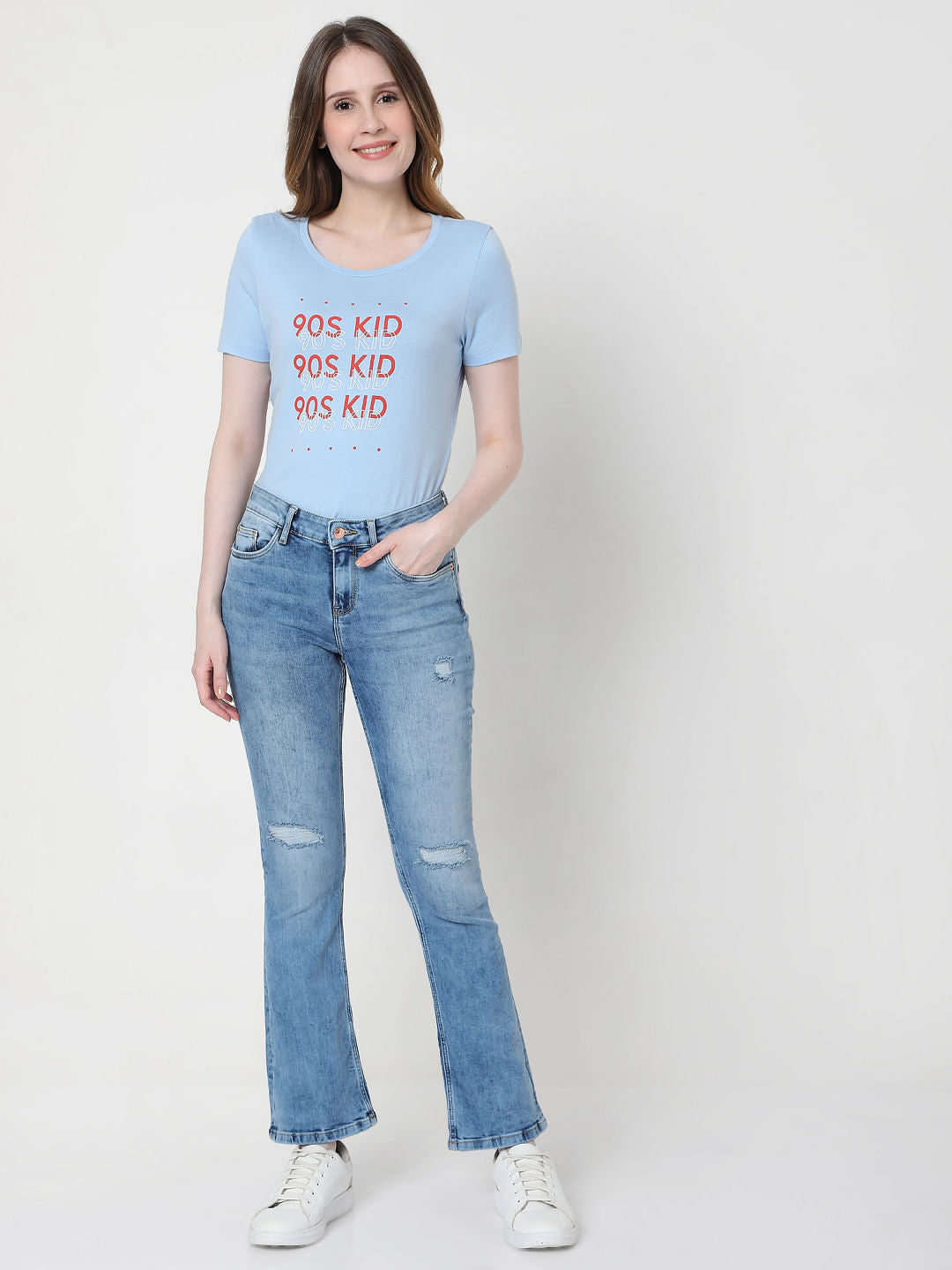 Blue Mid Rise Bootcut Ripped Jeans