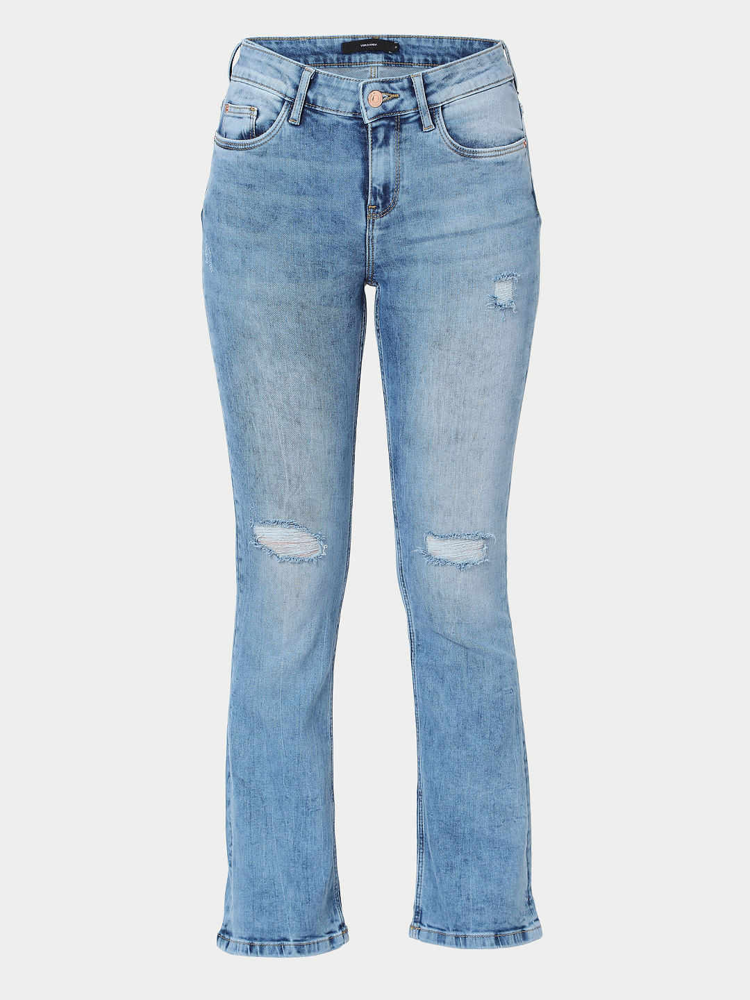 Blue Mid Rise Bootcut Ripped Jeans