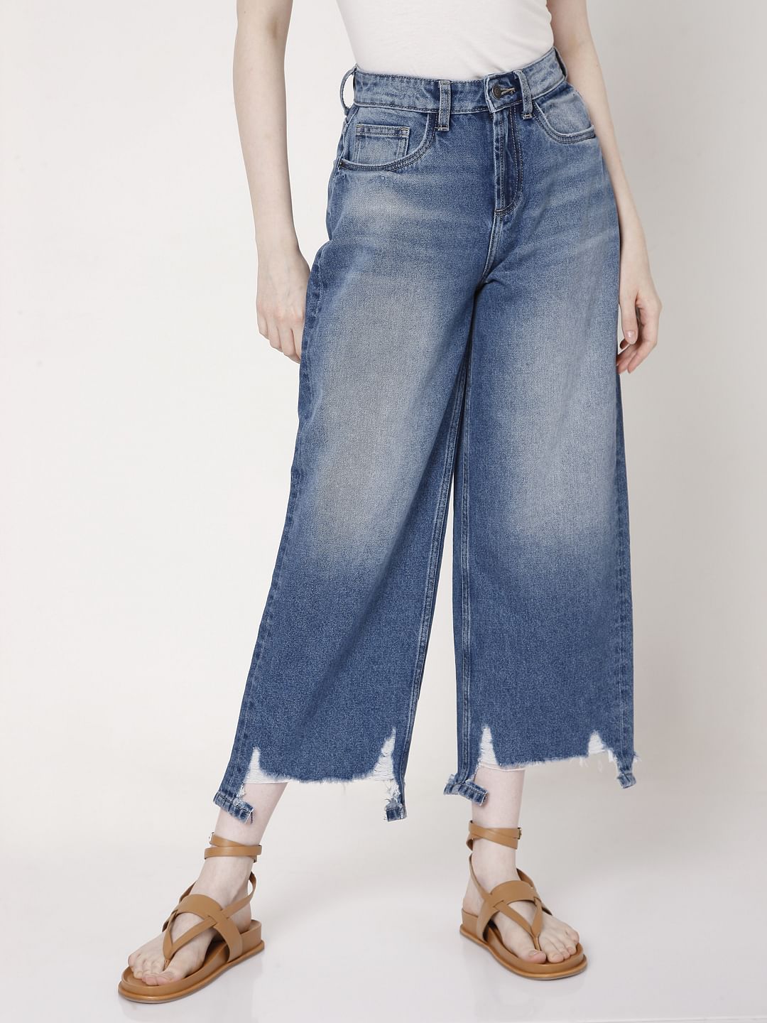 Blue Distressed Hem Zoey Wide-Leg Jeans