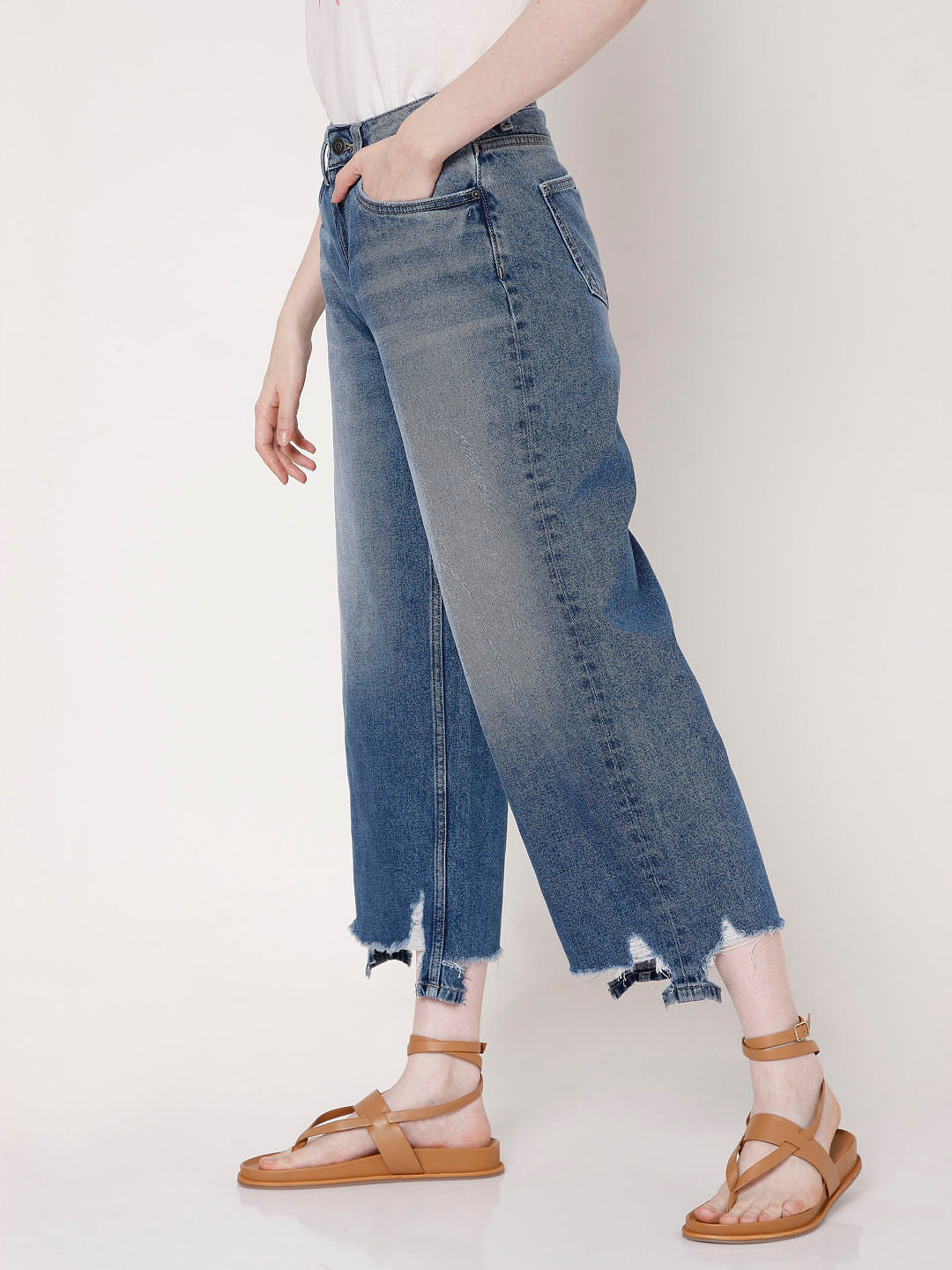 Blue Distressed Hem Zoey Wide-Leg Jeans