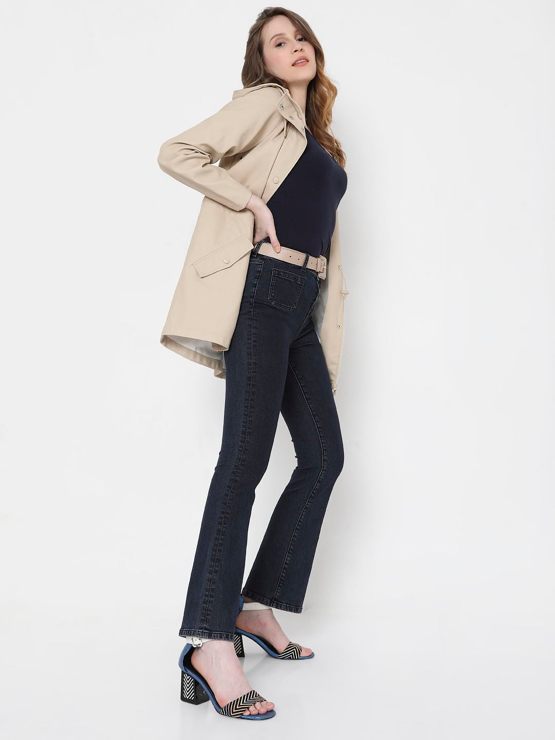 Dark Blue High Rise Bootcut Ripped Jeans