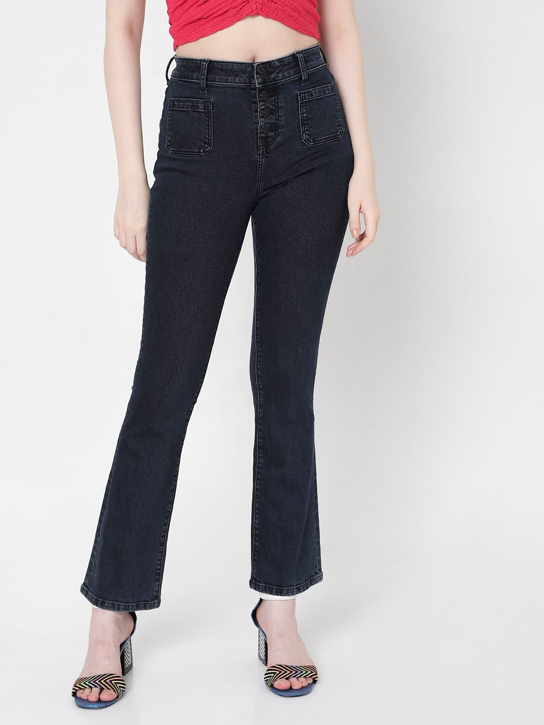 Dark Blue High Rise Bootcut Ripped Jeans