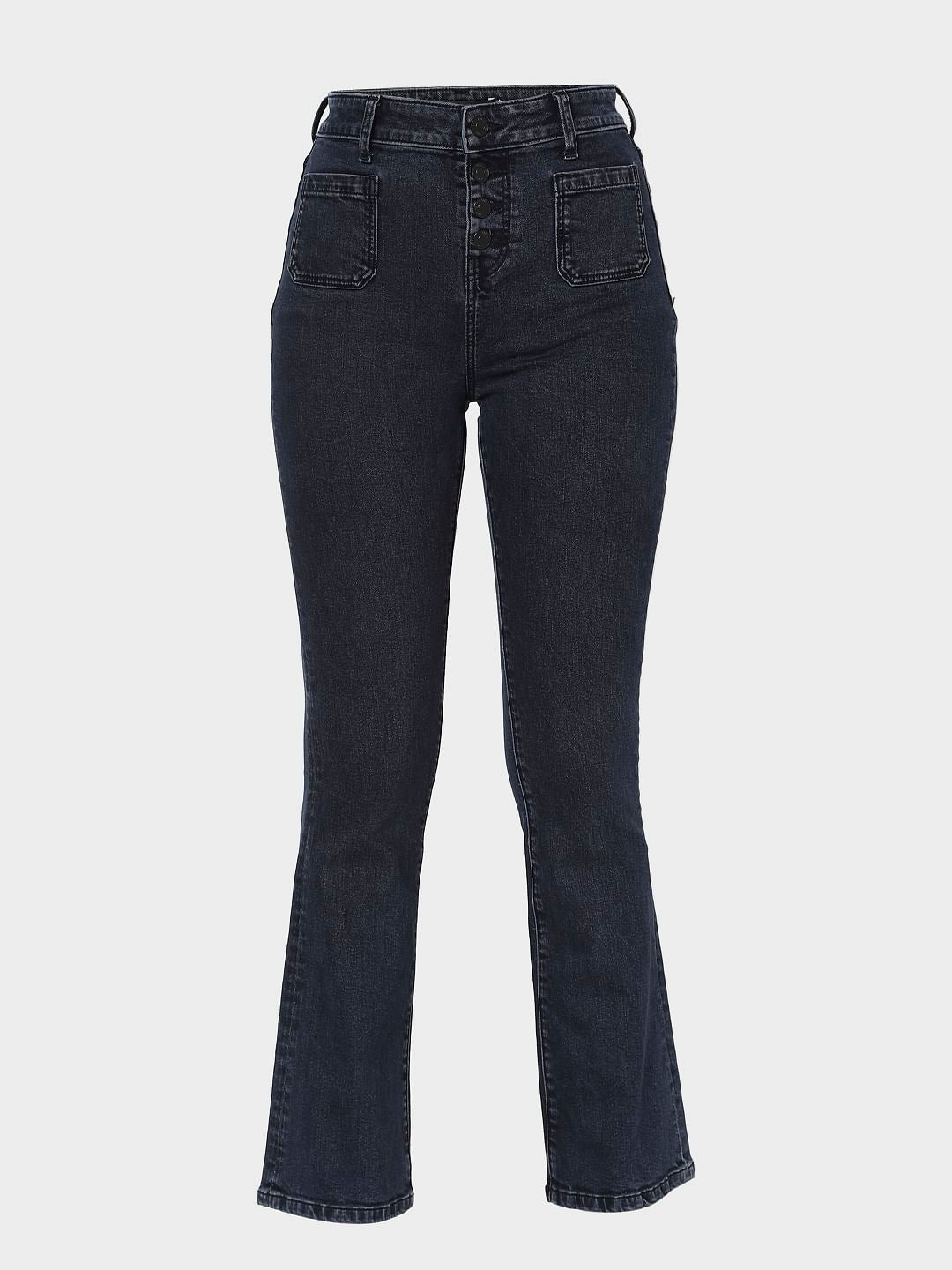 Dark Blue High Rise Bootcut Ripped Jeans