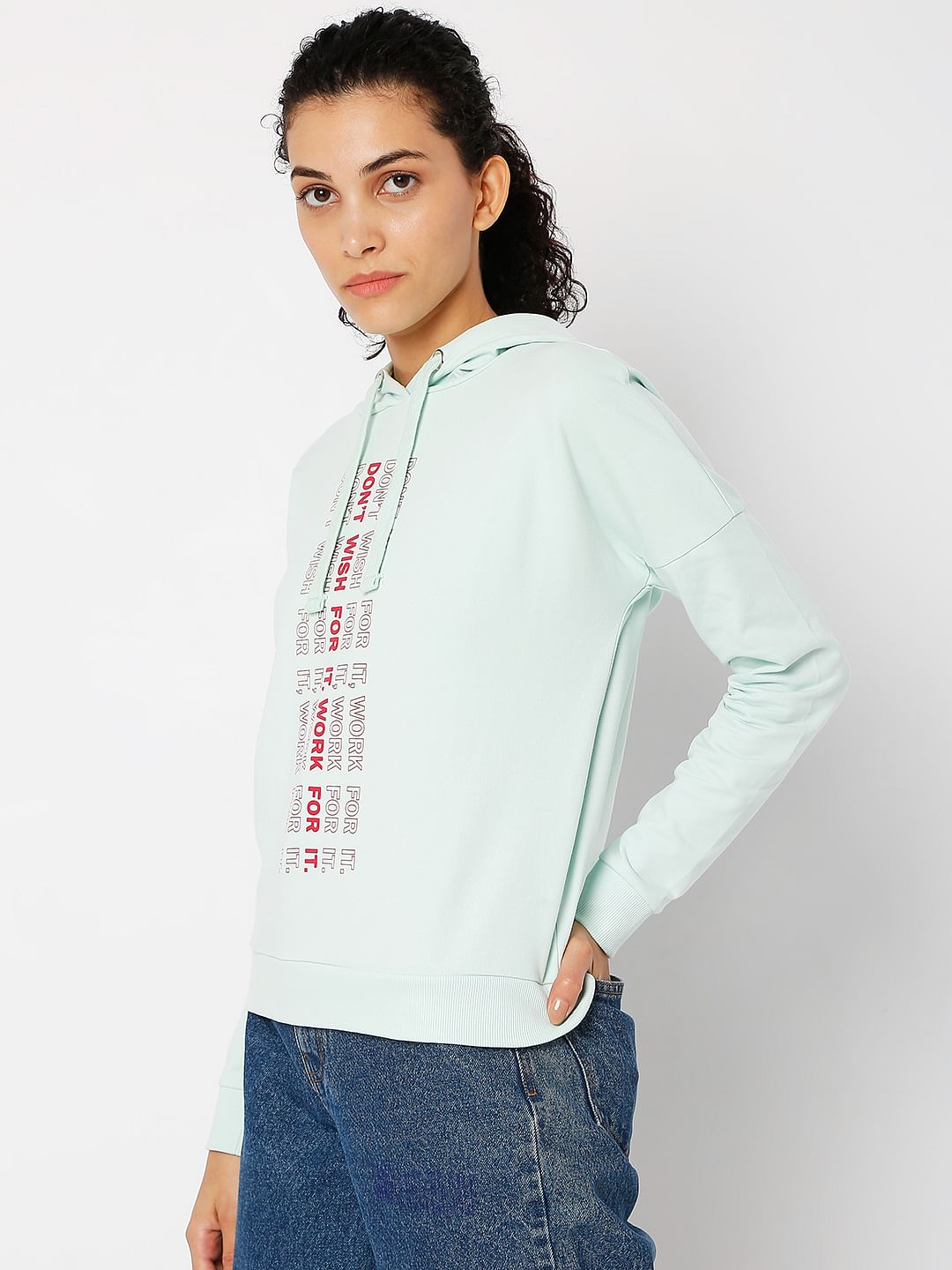 Blue Text Print Hooded Sweatshirt