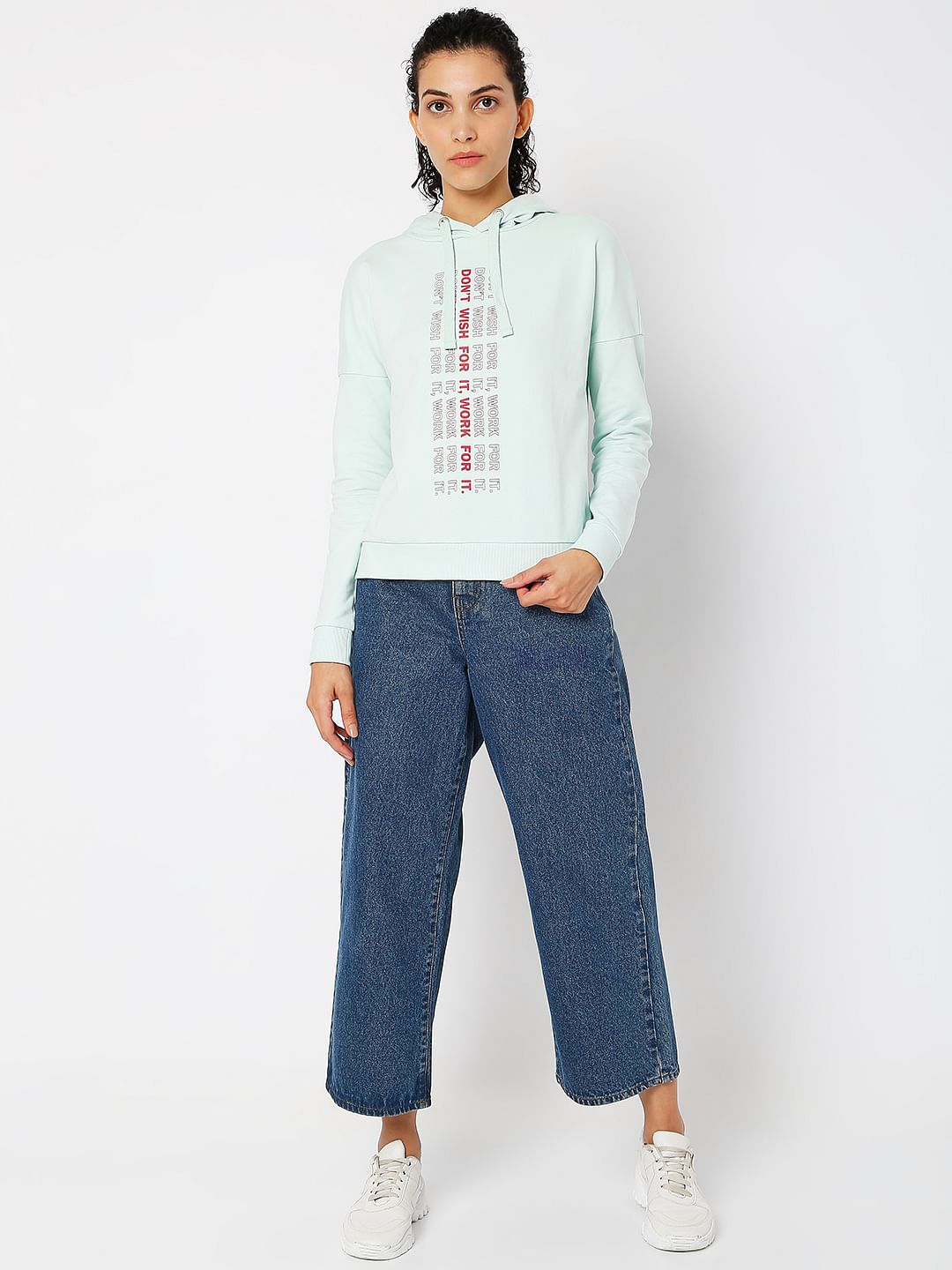 Blue Text Print Hooded Sweatshirt