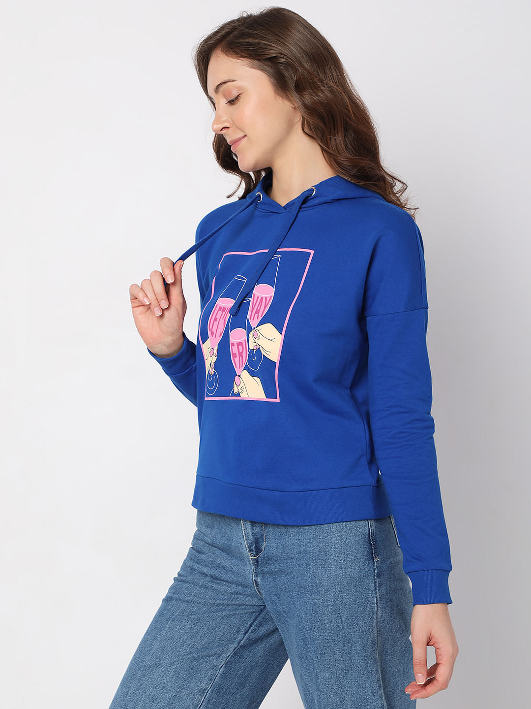 Blue Graphic Print Hooded Sweatshirt