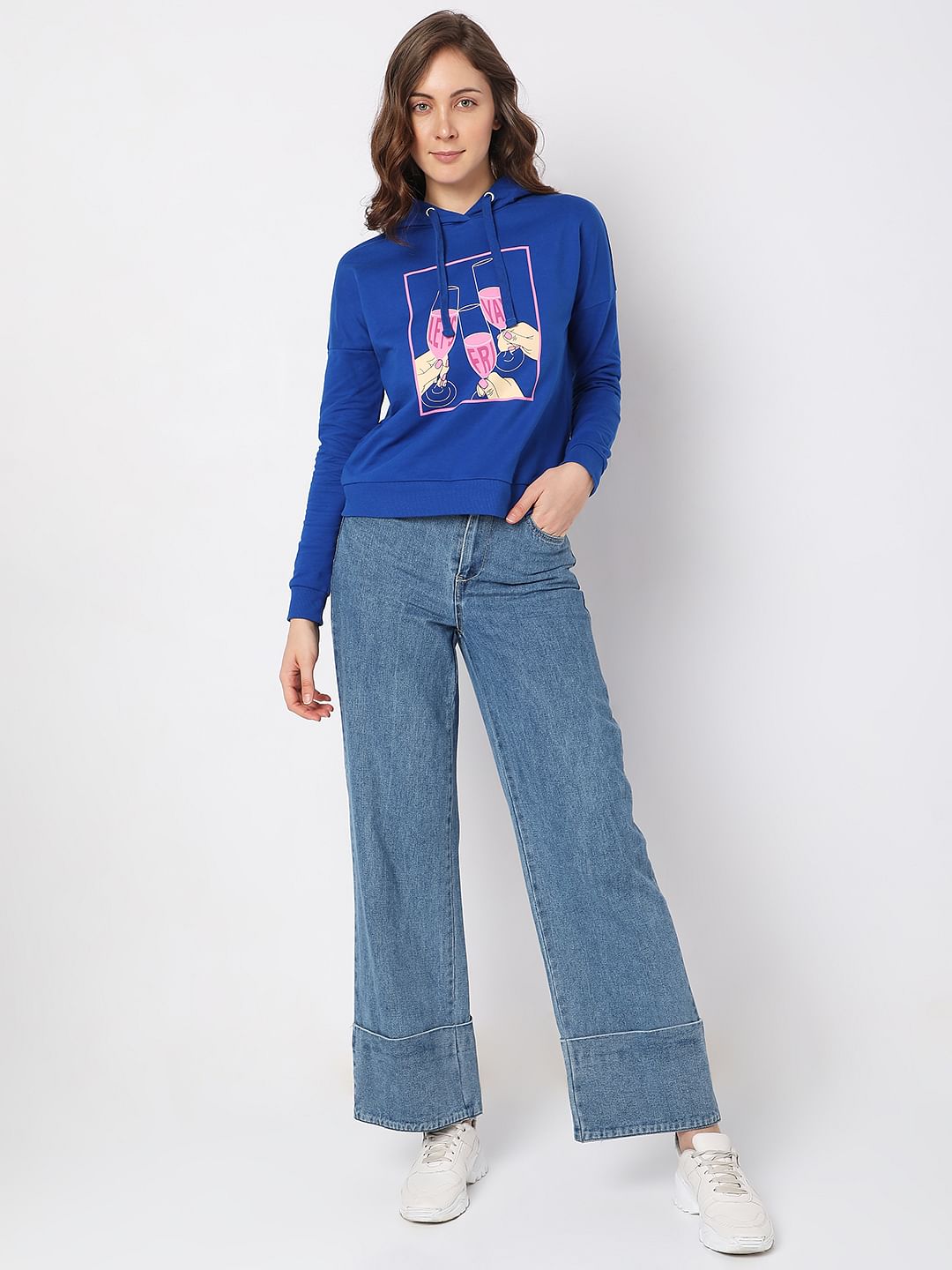 Blue Graphic Print Hooded Sweatshirt