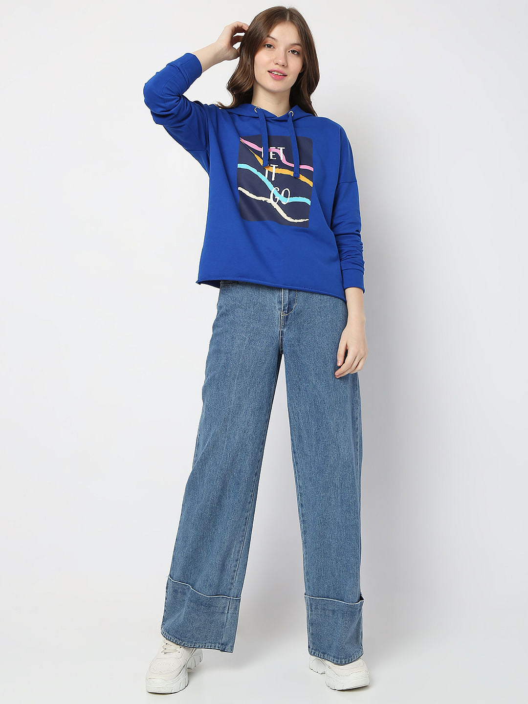 Blue Printed Hooded Sweatshirt