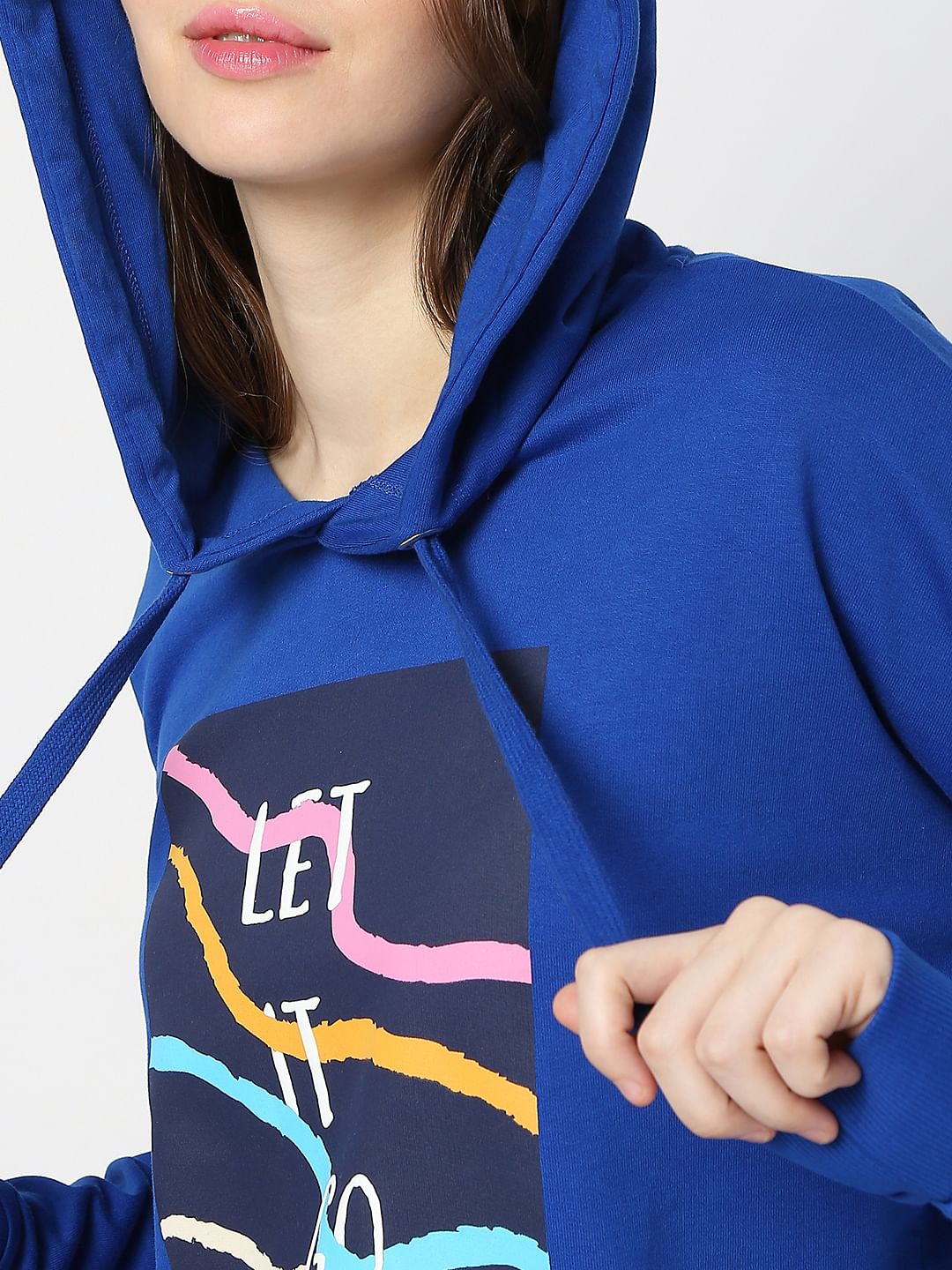 Blue Printed Hooded Sweatshirt