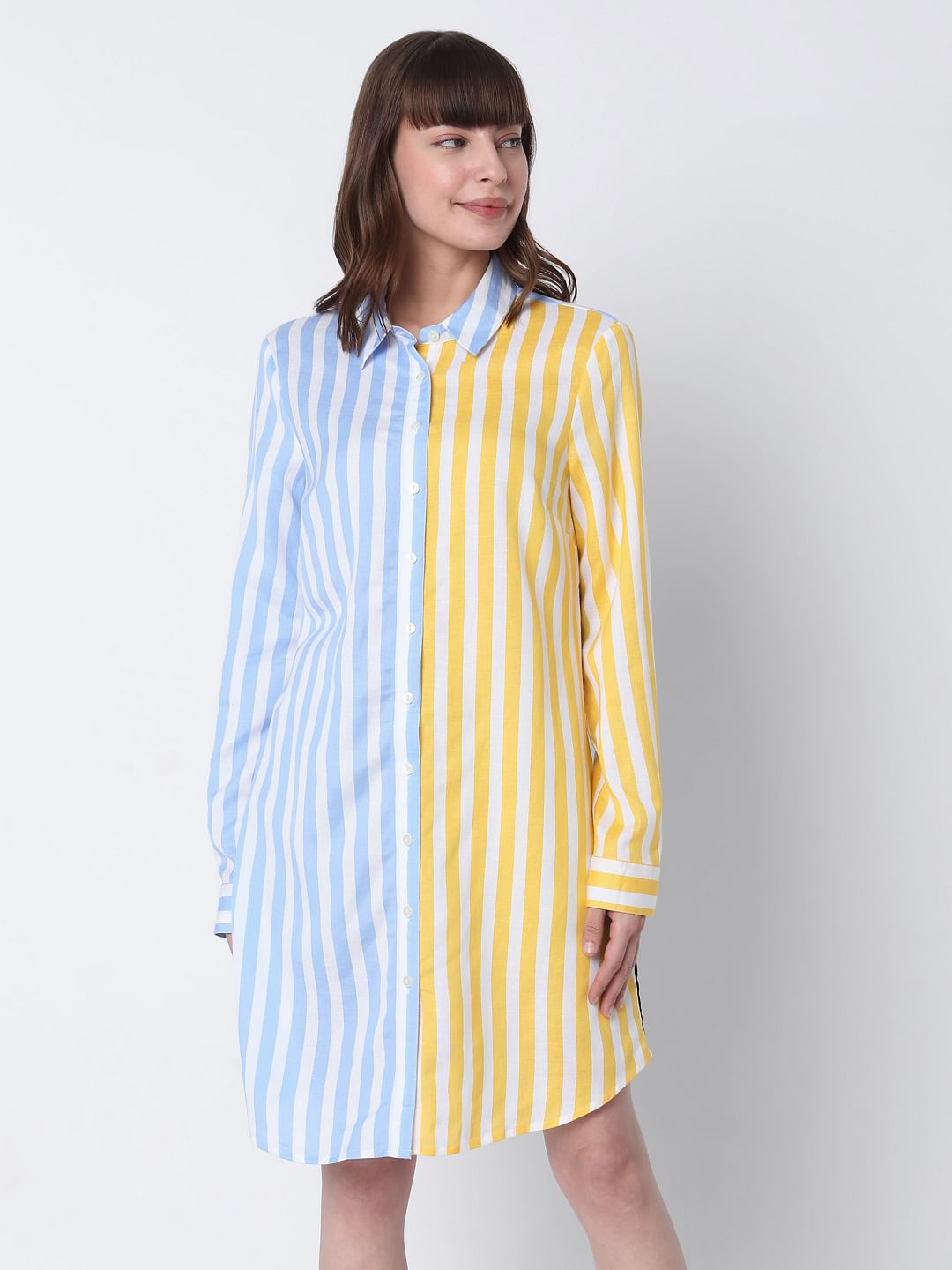 Blue & Yellow Striped Shirt Dress