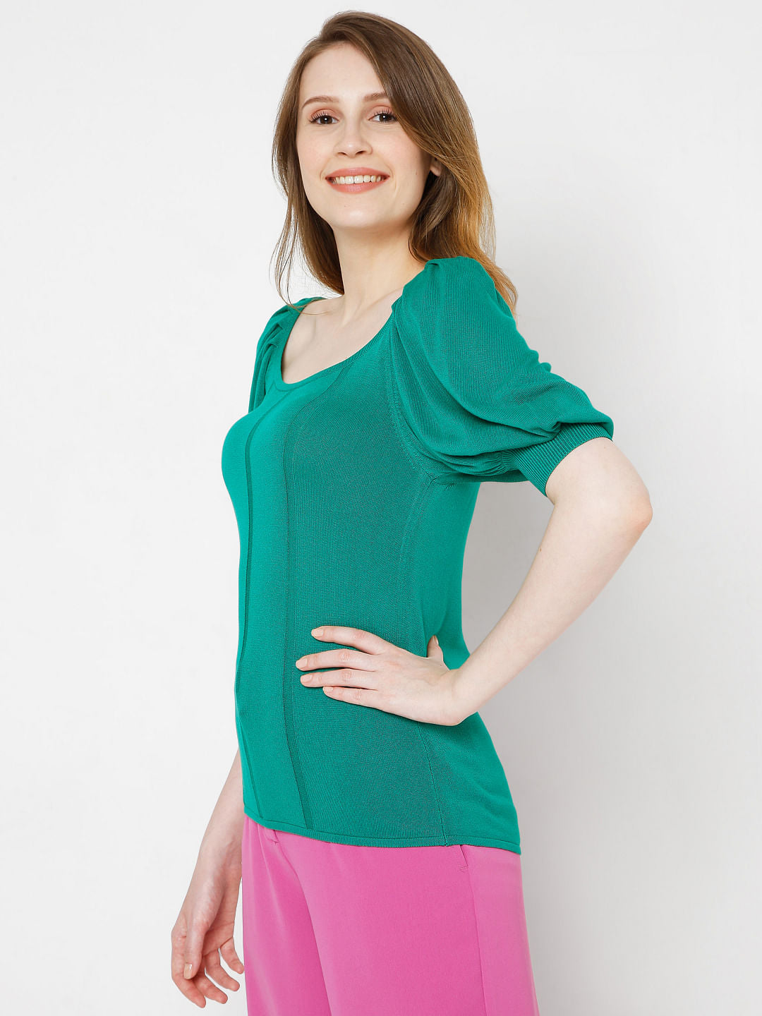 Green Puff Sleeves Knit Top
