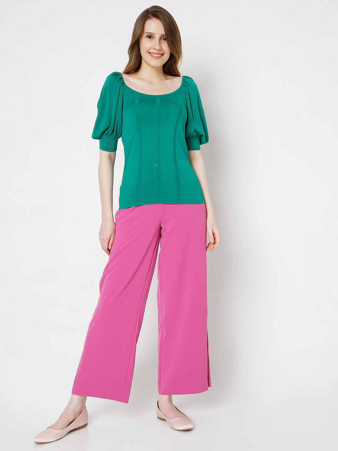 Green Puff Sleeves Knit Top