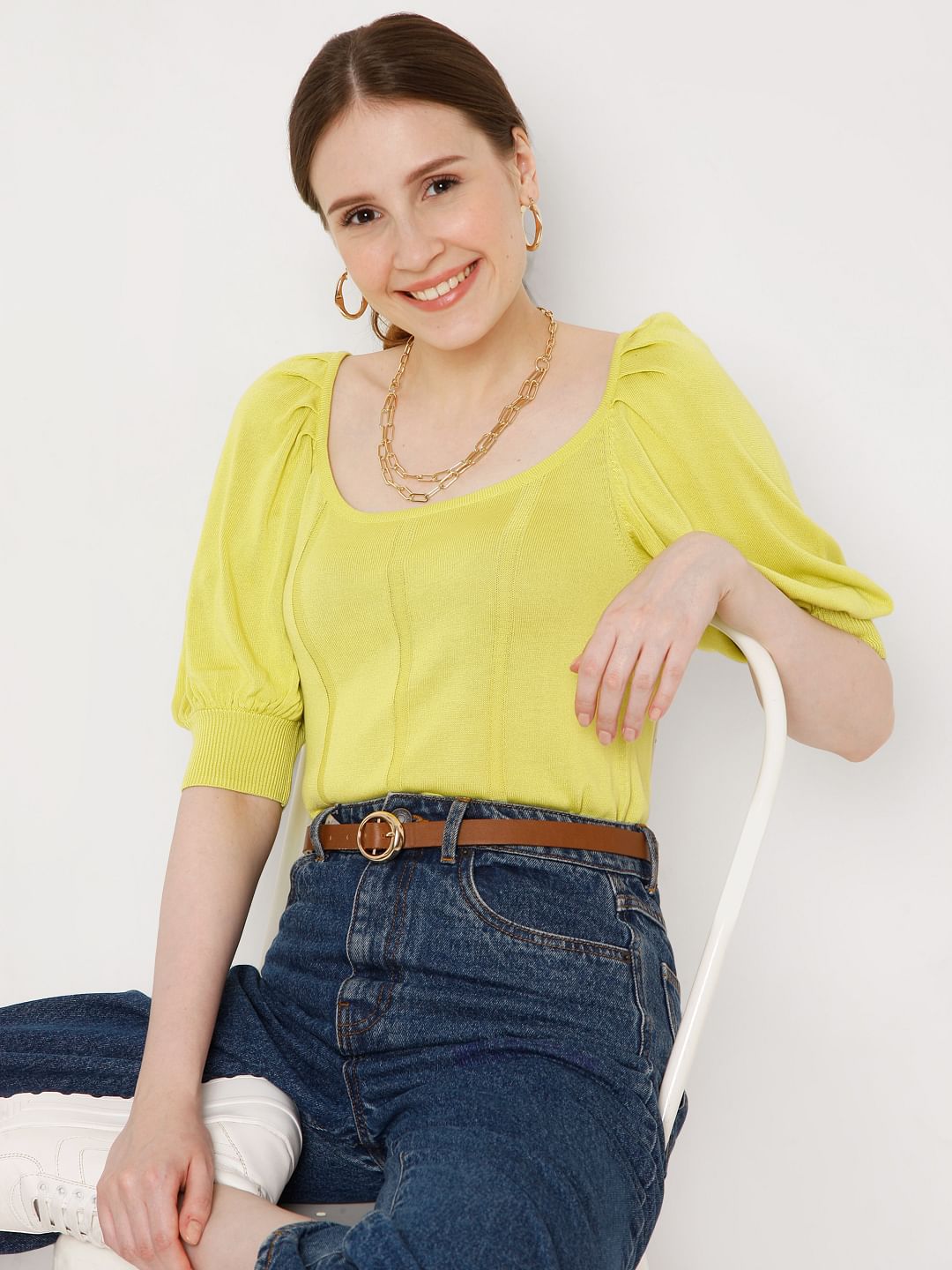 Yellow Puff Sleeves Knit Top