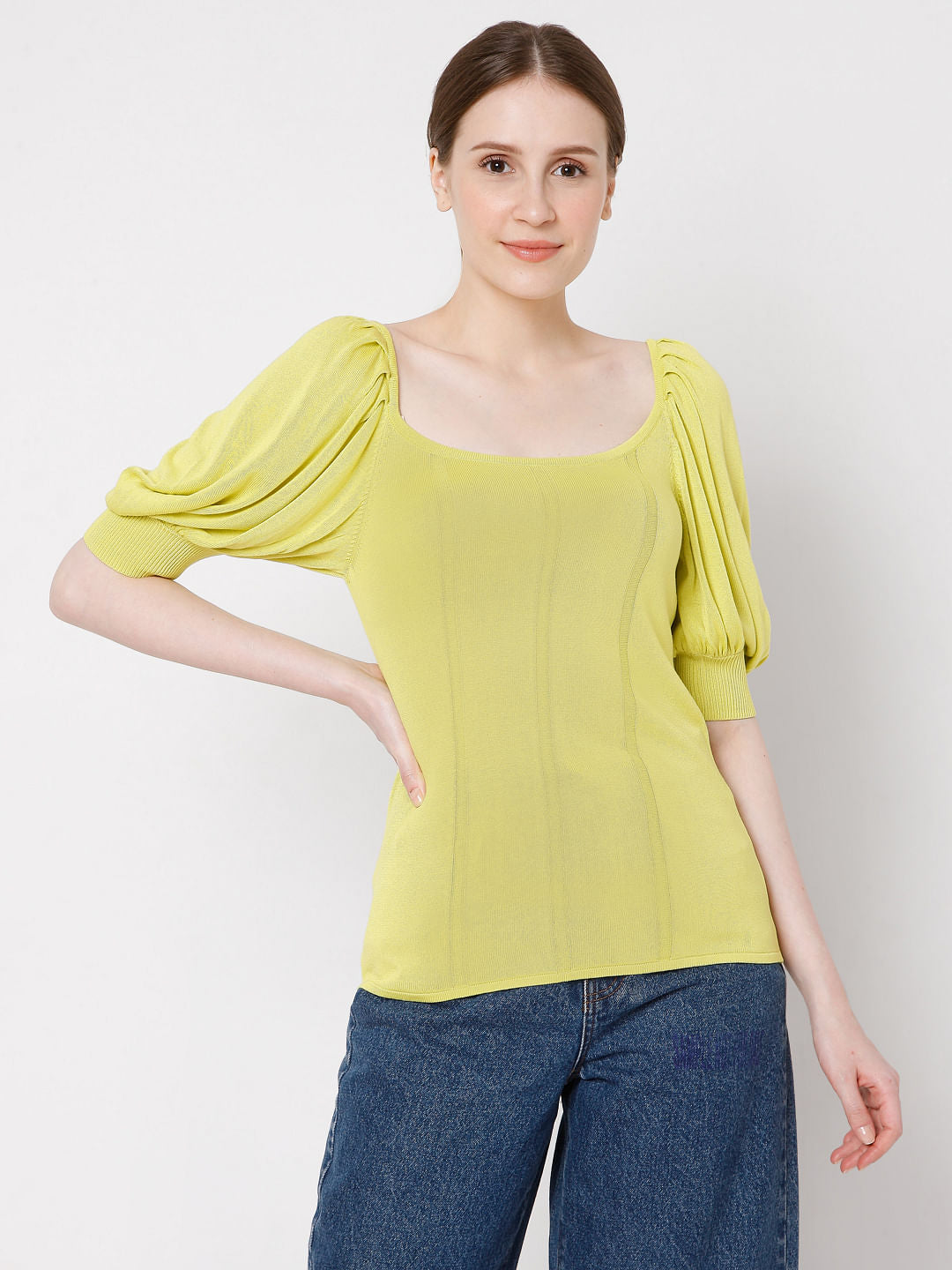 Yellow Puff Sleeves Knit Top