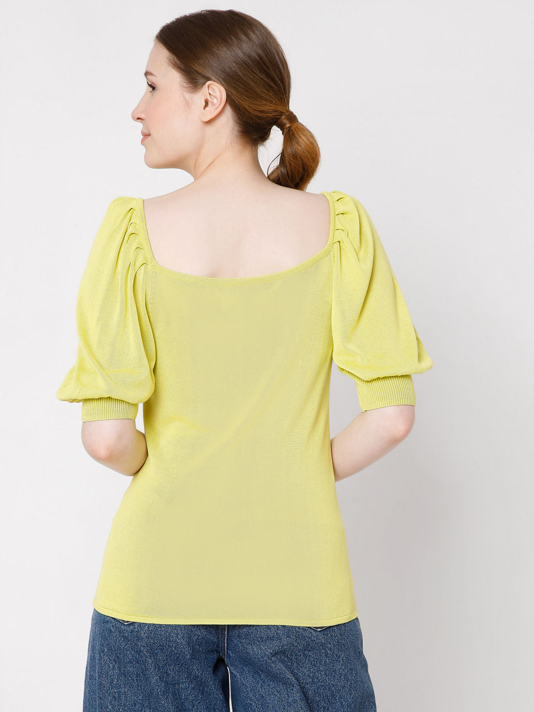 Yellow Puff Sleeves Knit Top