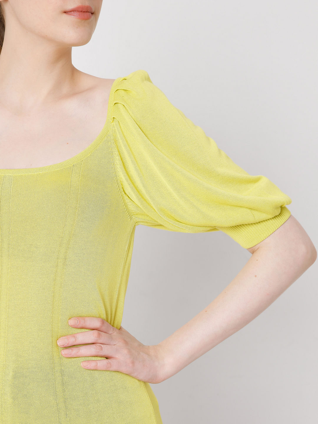 Yellow Puff Sleeves Knit Top
