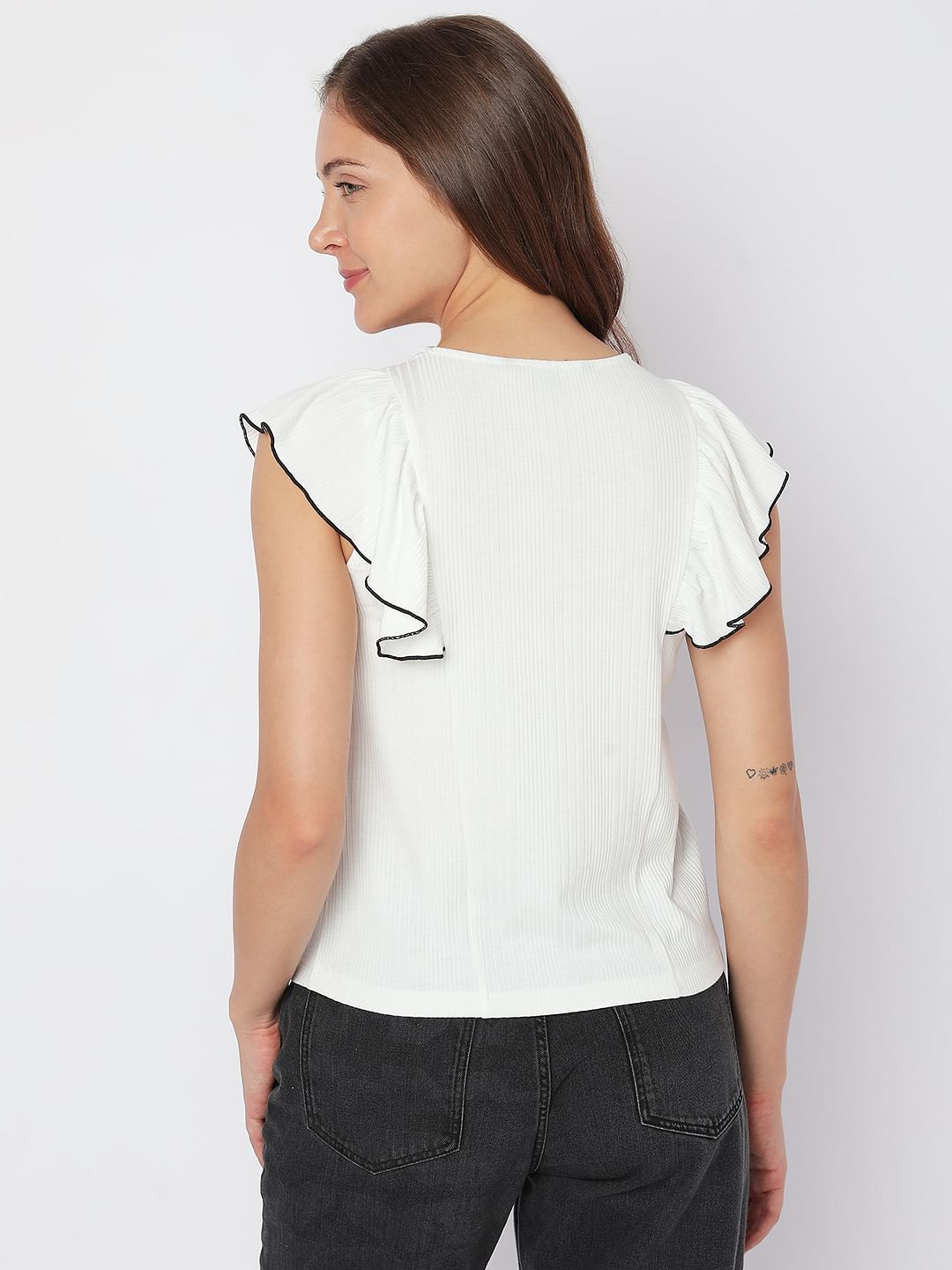 White Ruffle Detail Knit Top