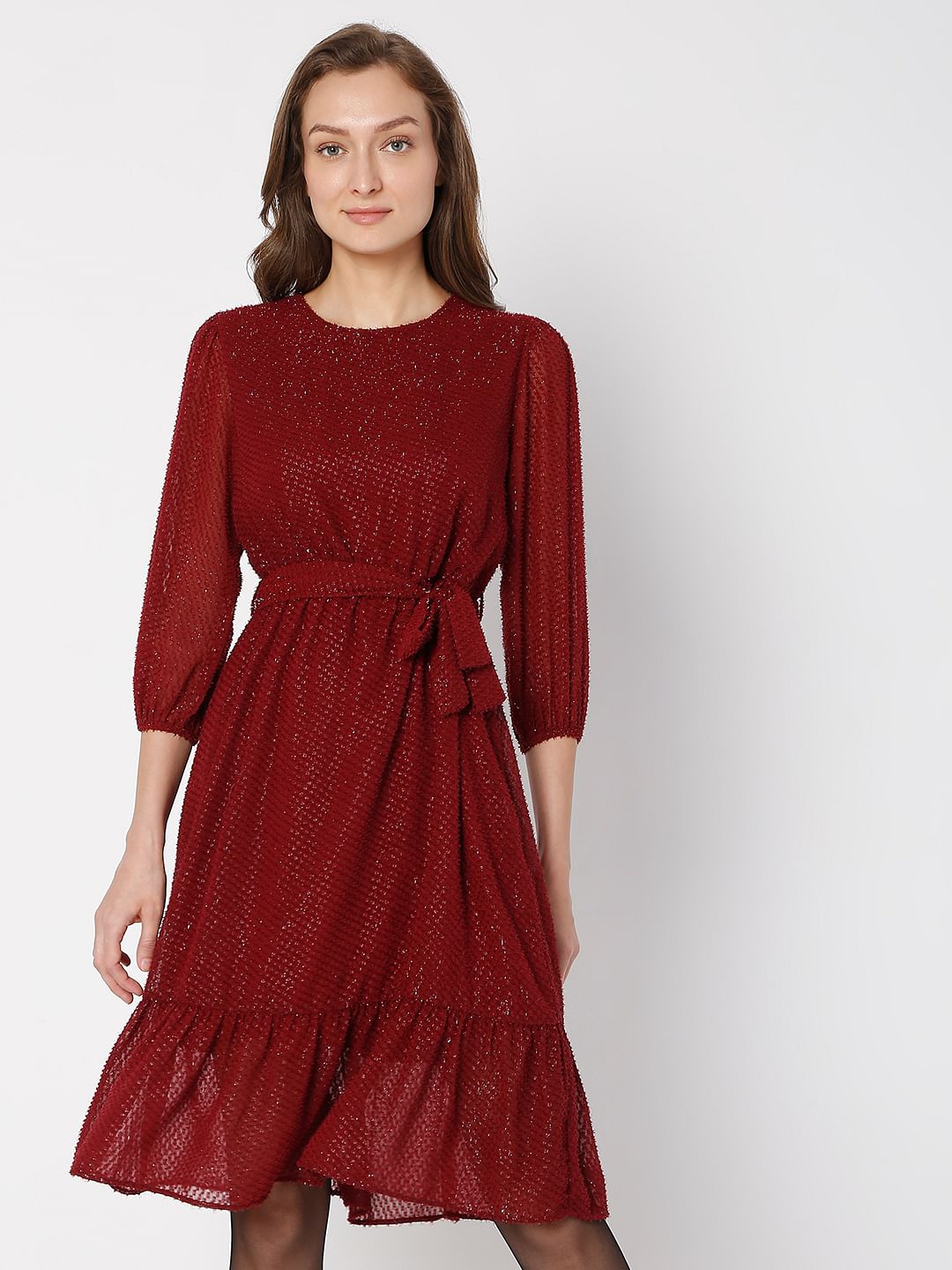 Maroon Tiered Midi Dress
