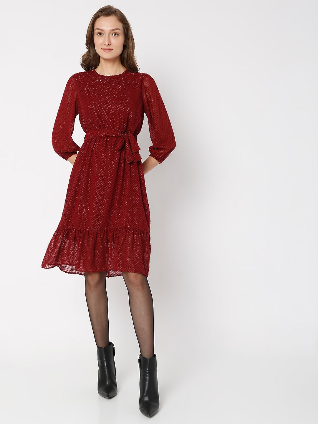 Maroon Tiered Midi Dress